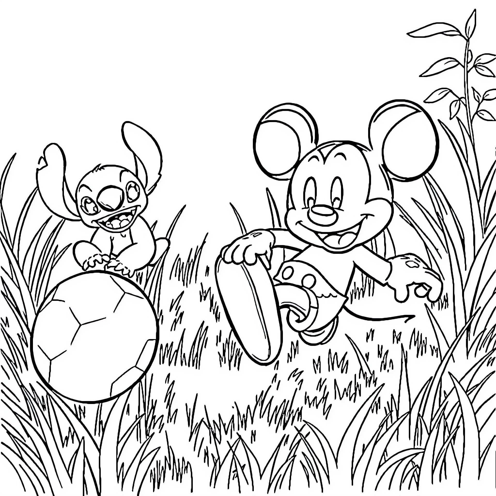 Mickey Mouse playing joyfully with Stitch in the garden Coloring Page (free black-and-white line drawing printable PDF for all, from beginners to advanced learners, including children, teens, adults, and seniors)