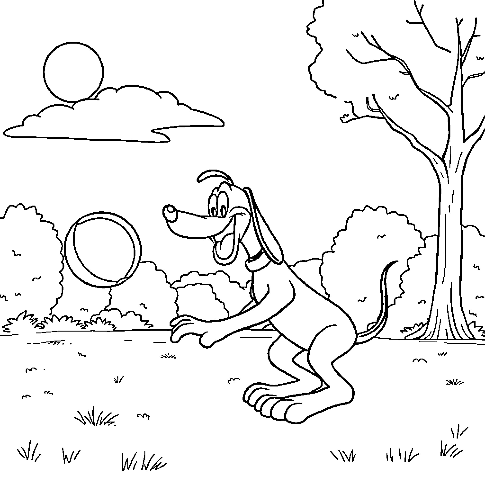 Pluto playing joyfully in the park Coloring Page (free black-and-white line drawing printable PDF for all, from beginners to advanced learners, including children, teens, adults, and seniors)