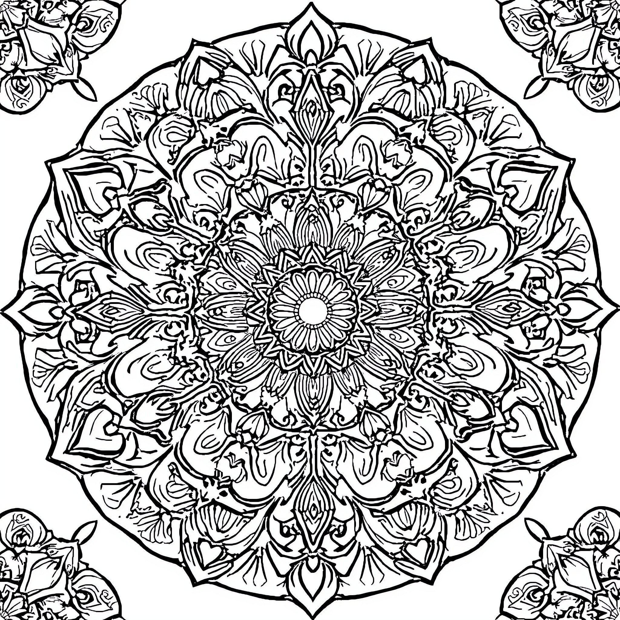 Mandala of intricate floral patterns and symmetry Coloring Page (free black-and-white line drawing printable PDF for all, from beginners to advanced learners, including children, teens, adults, and seniors)