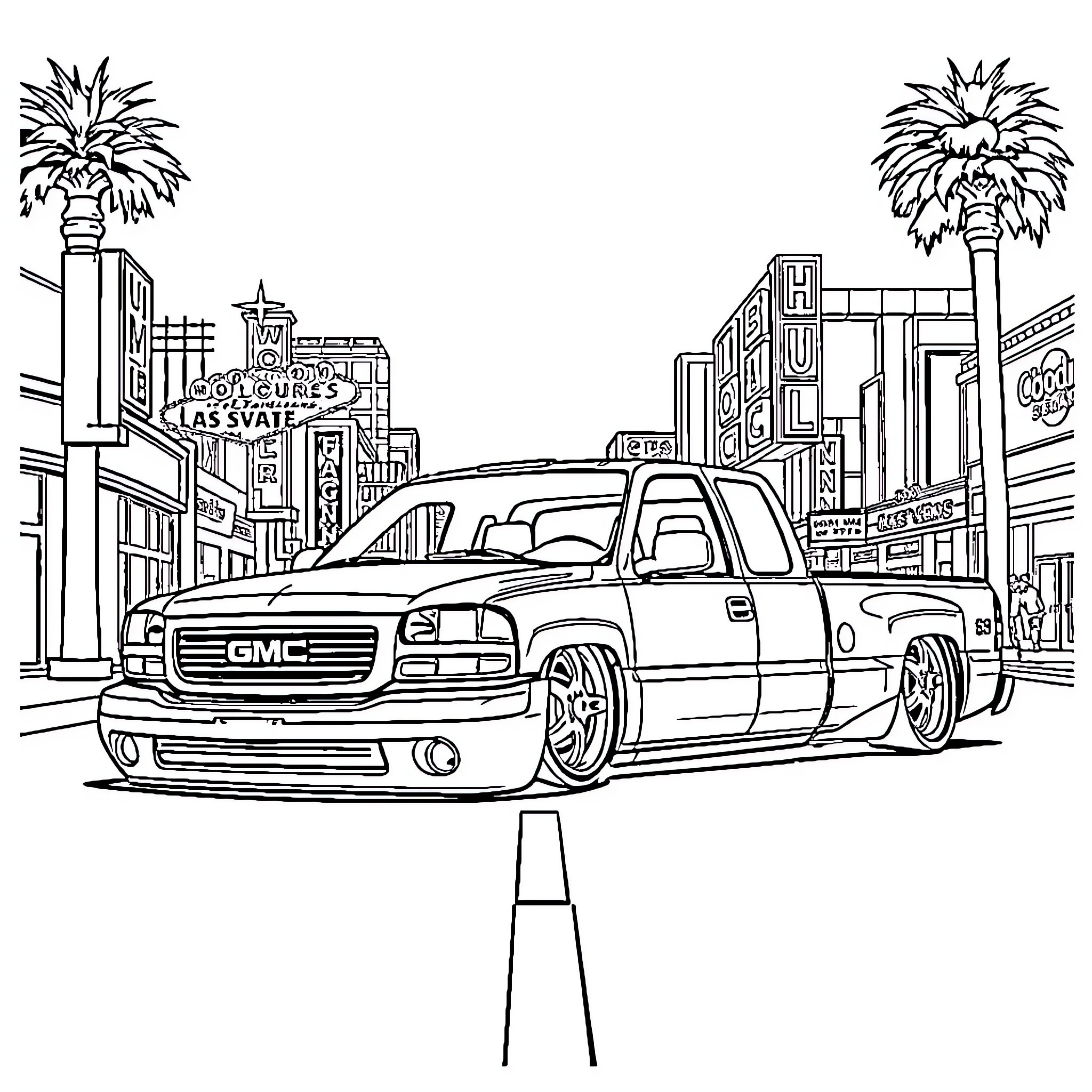 Gmc Truck in Vibrant City Scenery Coloring Page (free black-and-white line drawing printable PDF for all, from beginners to advanced learners, including children, teens, adults, and seniors)