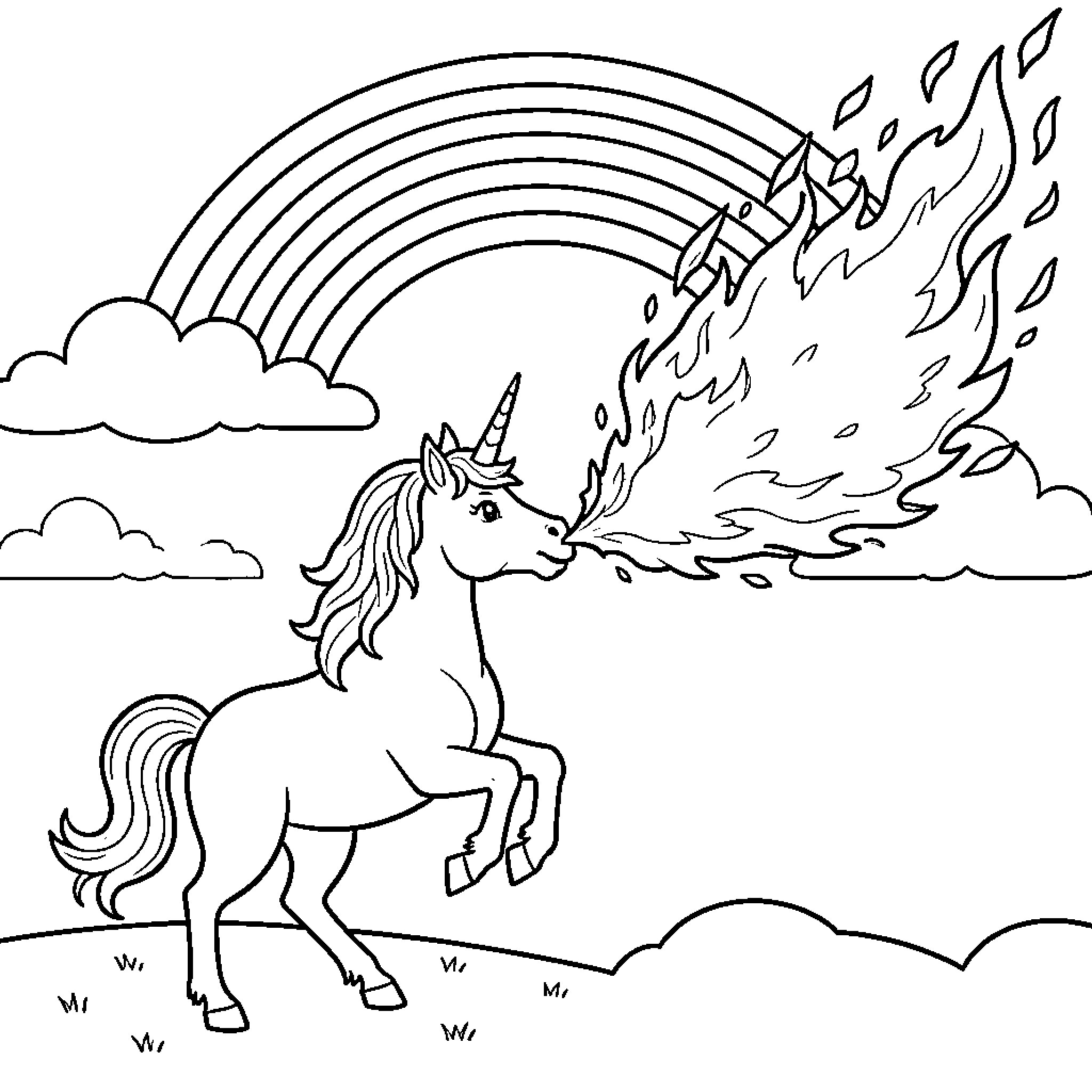 Unicorn breathing fire towards a rainbow in the sky Coloring Page (free black-and-white line drawing printable PDF for all, from beginners to advanced learners, including children, teens, adults, and seniors)