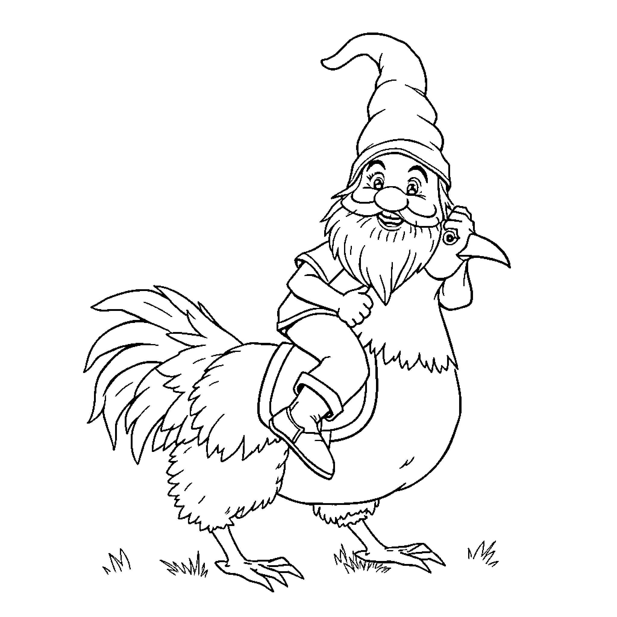 Gnome riding a feisty rooster in the meadow Coloring Page (free black-and-white line drawing printable PDF for all, from beginners to advanced learners, including children, teens, adults, and seniors)