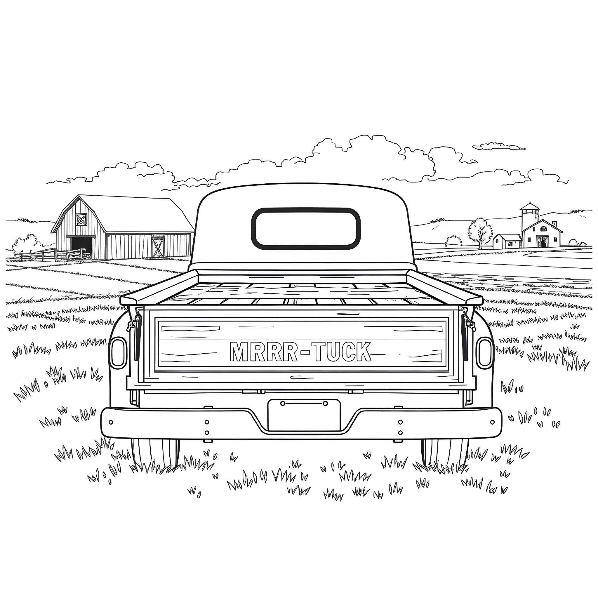 Truck on the Farm with Barn in the Background Coloring Page (free black-and-white line drawing printable PDF for all, from beginners to advanced learners, including children, teens, adults, and seniors)