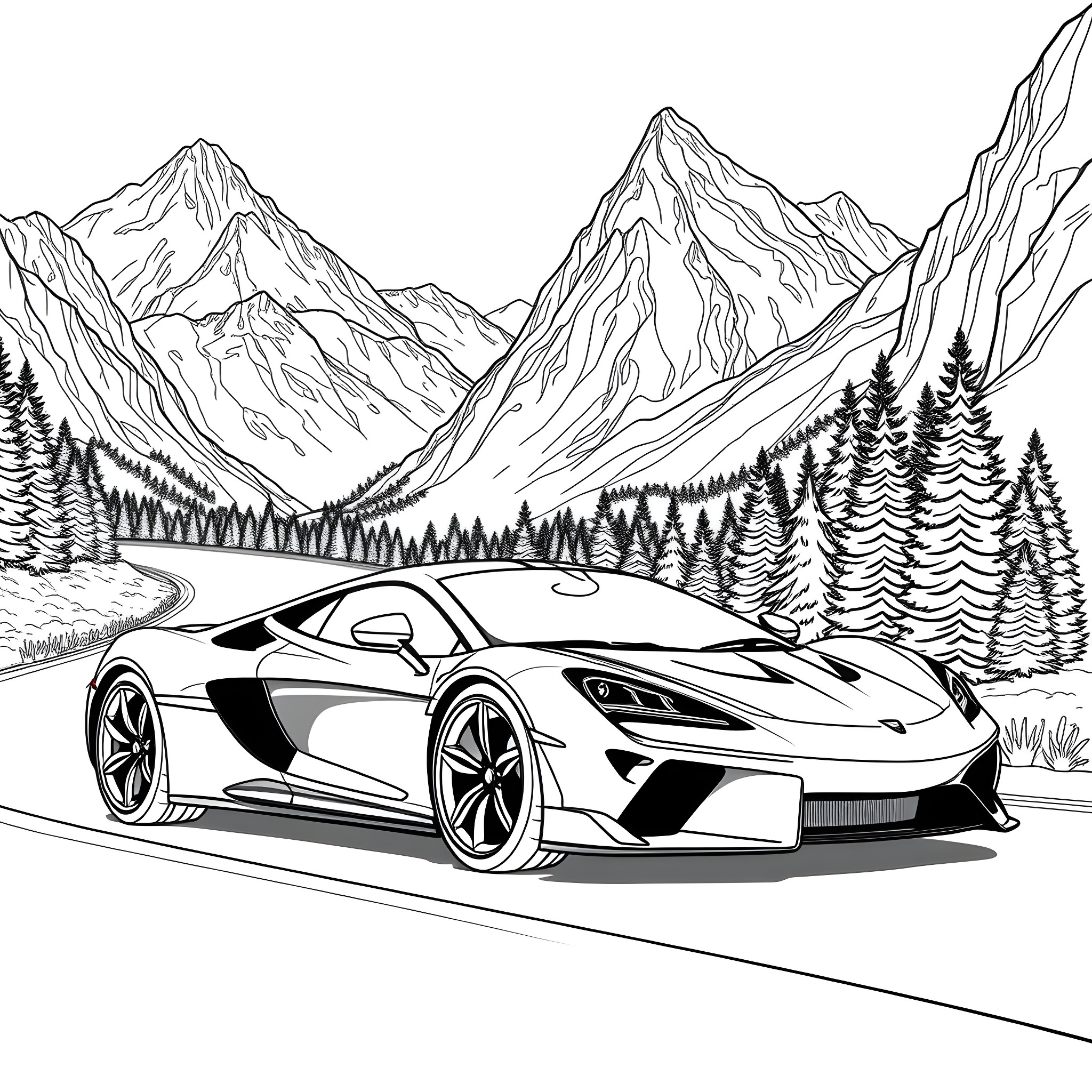 Lanbo sports car in the mountain landscape Coloring Page (free black-and-white line drawing printable PDF for all, from beginners to advanced learners, including children, teens, adults, and seniors)