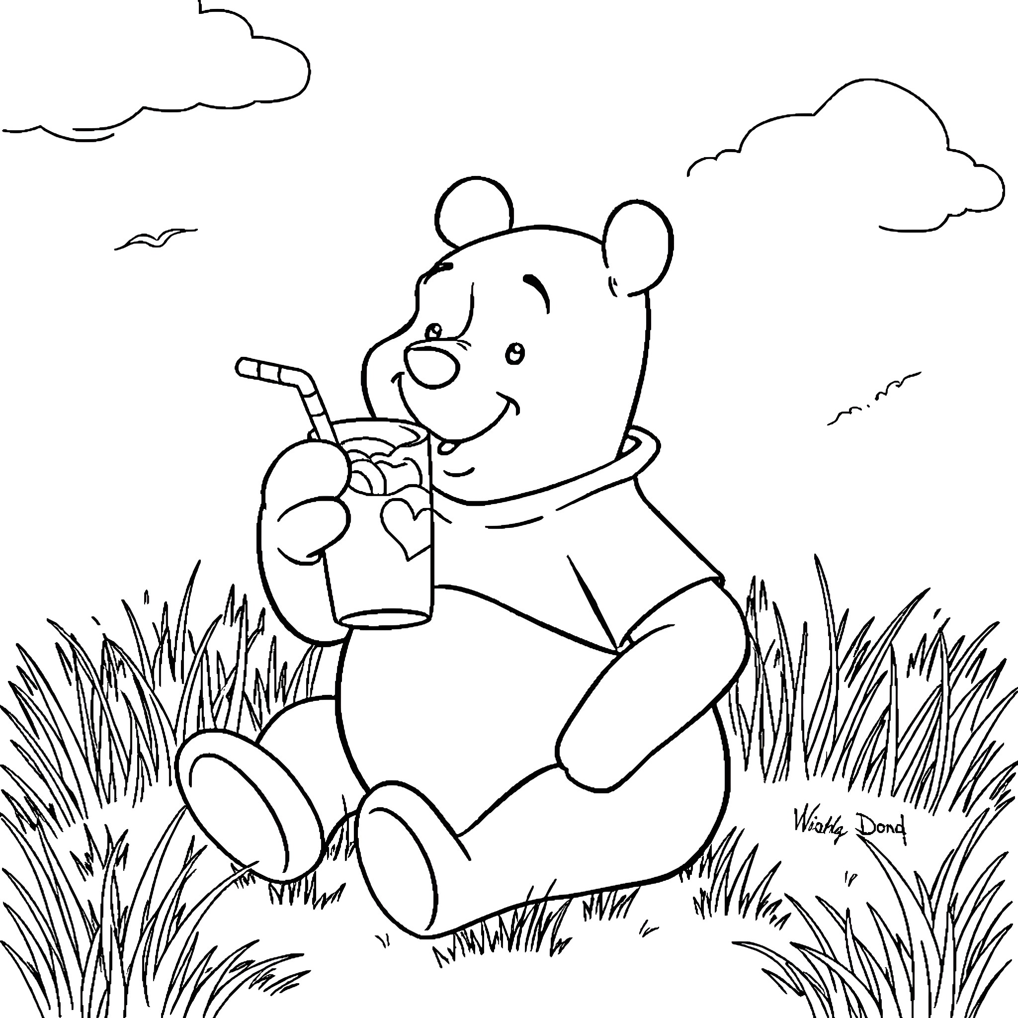 Winnie The Pooh Enjoying Honey Pot in the Meadow Coloring Page (free black-and-white line drawing printable PDF for all, from beginners to advanced learners, including children, teens, adults, and seniors)