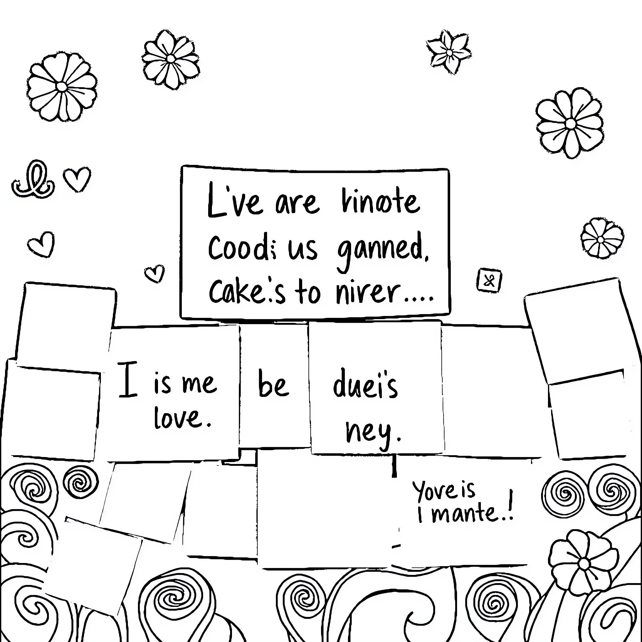 Quote Whimsical handwritten message with floral elements Coloring Page (free black-and-white line drawing printable PDF for all, from beginners to advanced learners, including children, teens, adults, and seniors)
