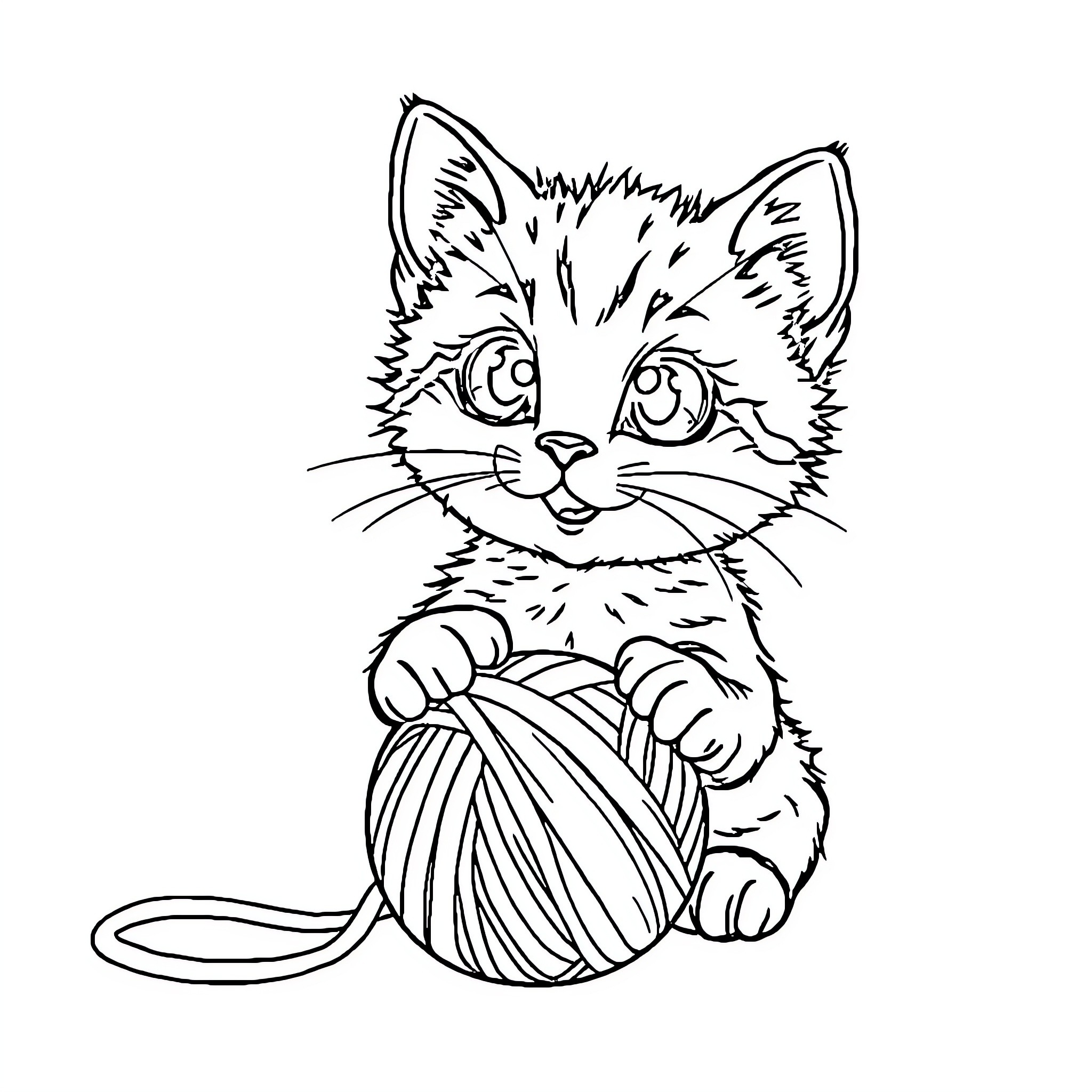 Kitten playing with yarn Coloring Page (free black-and-white line drawing printable PDF for all, from beginners to advanced learners, including children, teens, adults, and seniors)