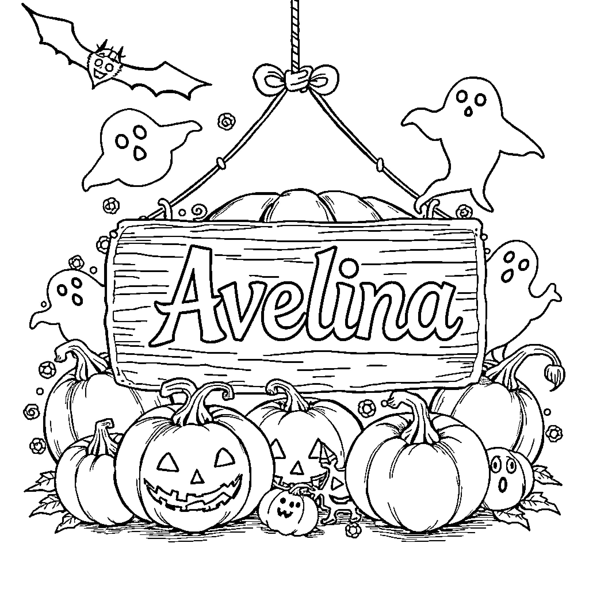 Halloween scene with pumpkins, ghosts, and bats Coloring Page (free black-and-white line drawing printable PDF for all, from beginners to advanced learners, including children, teens, adults, and seniors)