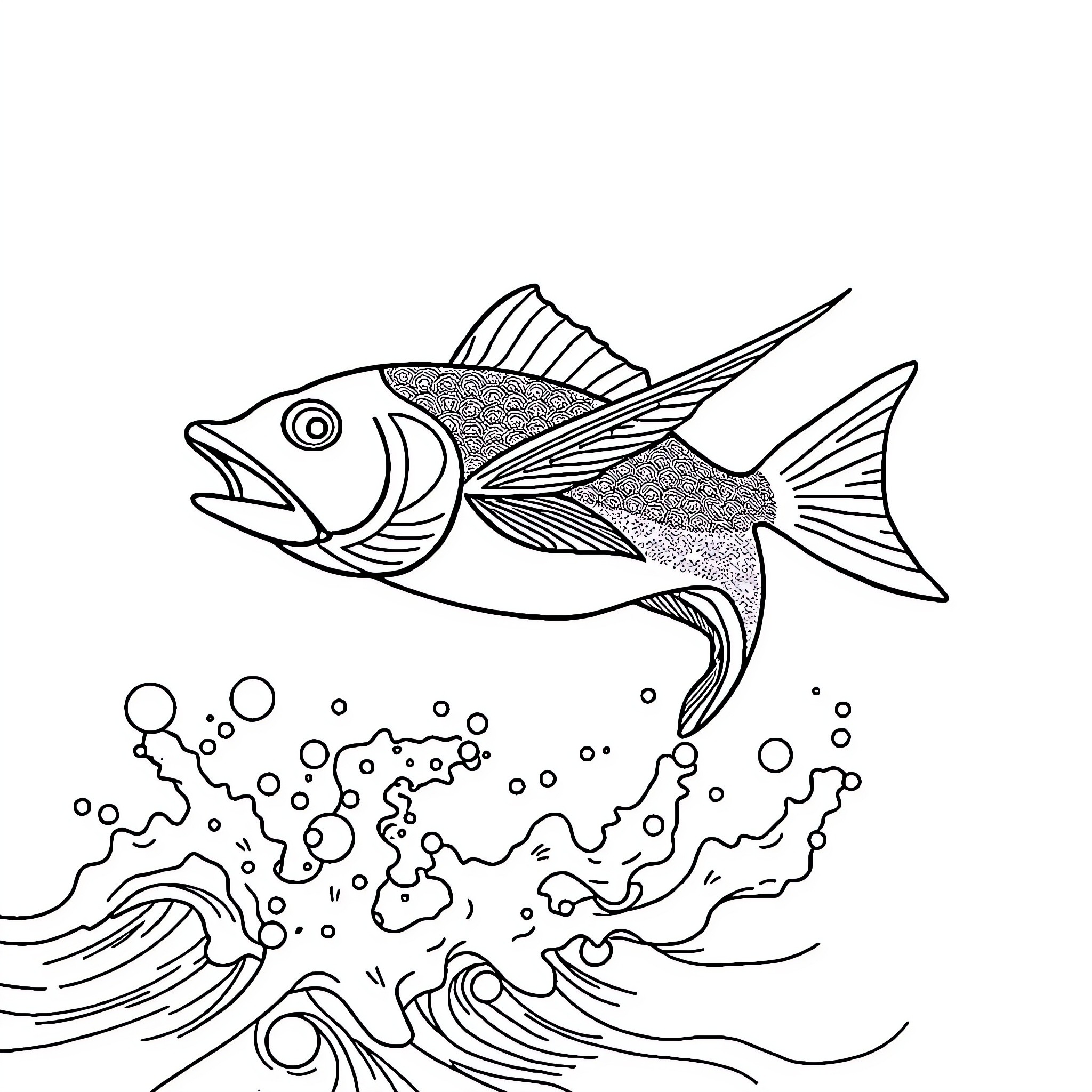 Flying Fish Diving Through Ocean Waves Coloring Page (free black-and-white line drawing printable PDF for all, from beginners to advanced learners, including children, teens, adults, and seniors)
