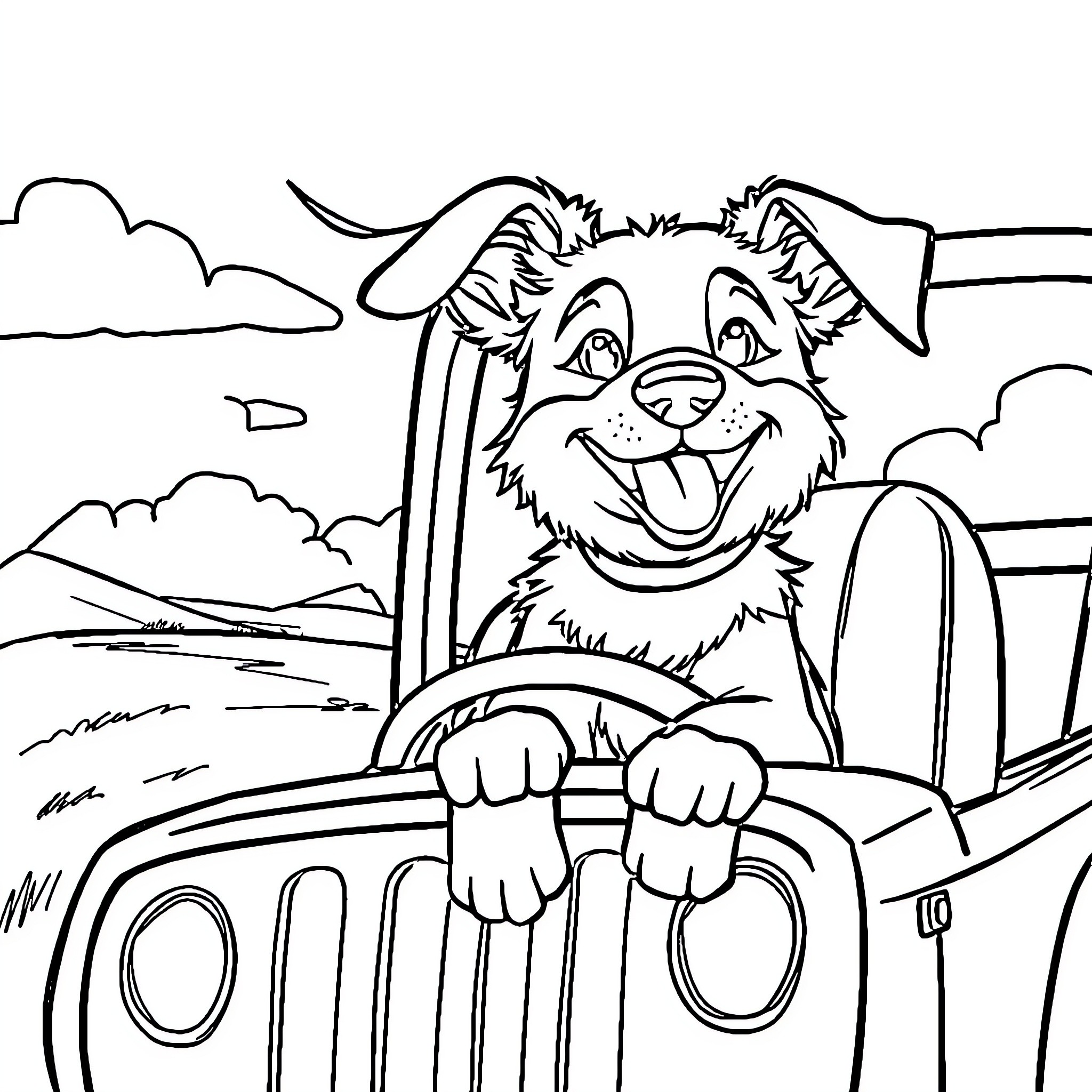 Dog driving a car on the countryside Coloring Page (free black-and-white line drawing printable PDF for all, from beginners to advanced learners, including children, teens, adults, and seniors)