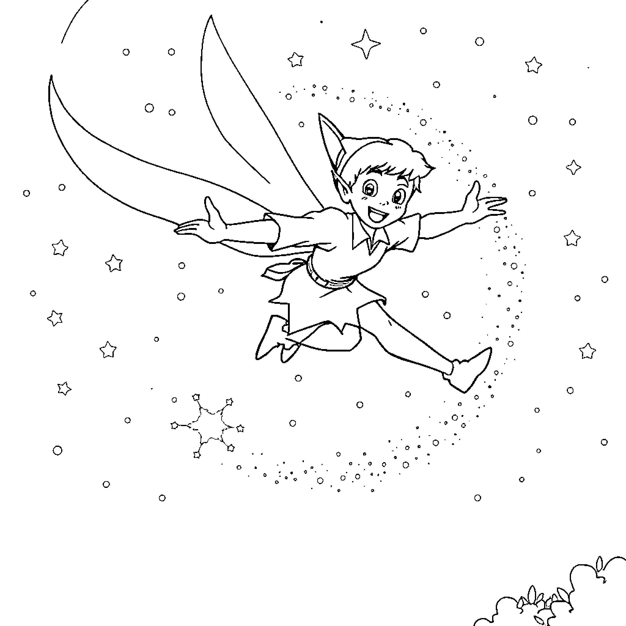 Peter Pan flying among the stars Coloring Page (free black-and-white line drawing printable PDF for all, from beginners to advanced learners, including children, teens, adults, and seniors)