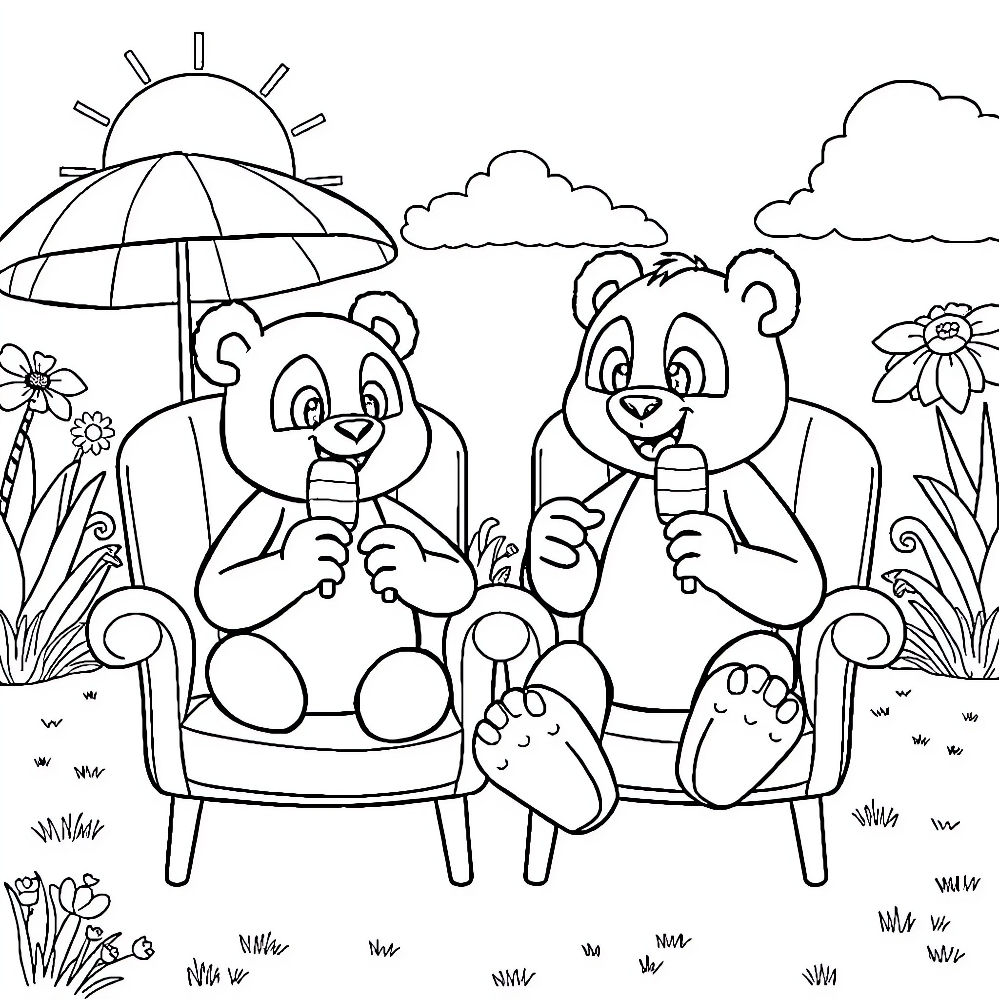 Bingo! Panda bears relaxing in the park Coloring Page (free black-and-white line drawing printable PDF for all, from beginners to advanced learners, including children, teens, adults, and seniors)