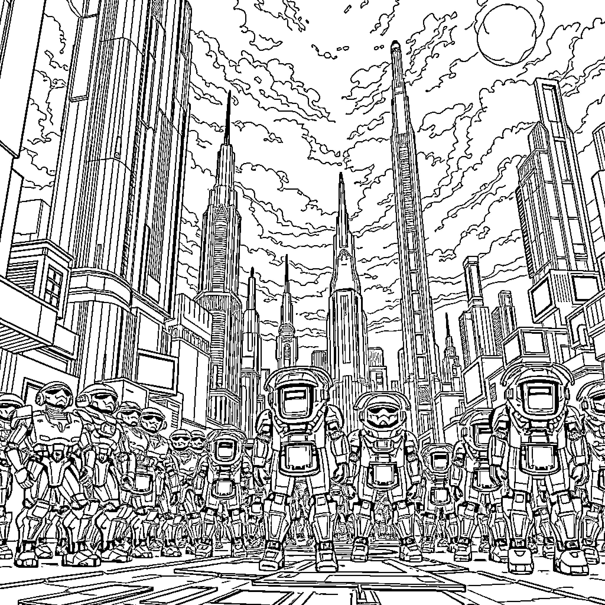 Robot Parade in Futuristic Metropolis Coloring Page (free black-and-white line drawing printable PDF for all, from beginners to advanced learners, including children, teens, adults, and seniors)