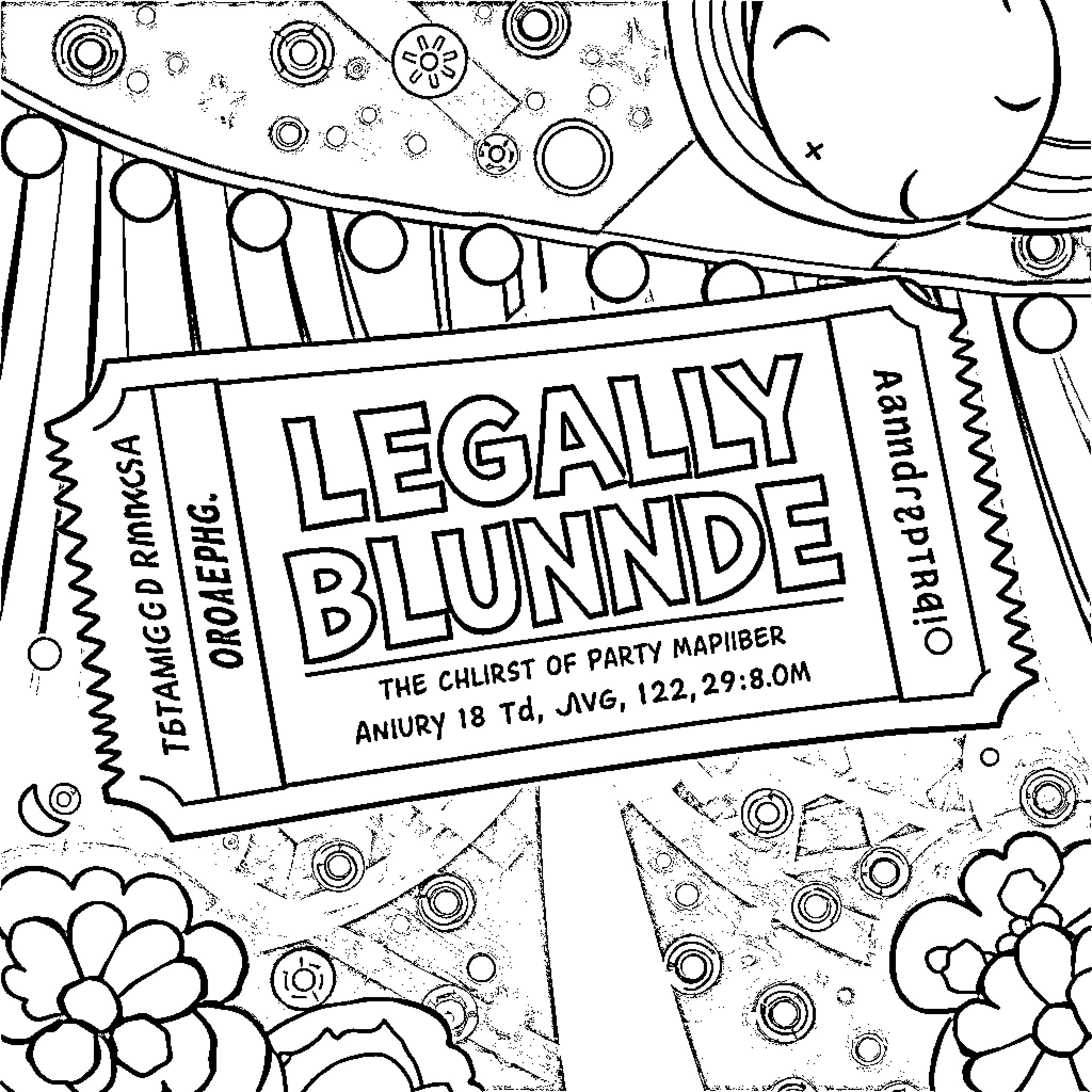 Movie Ticket for Legally Blunde Coloring Page (free black-and-white line drawing printable PDF for all, from beginners to advanced learners, including children, teens, adults, and seniors)