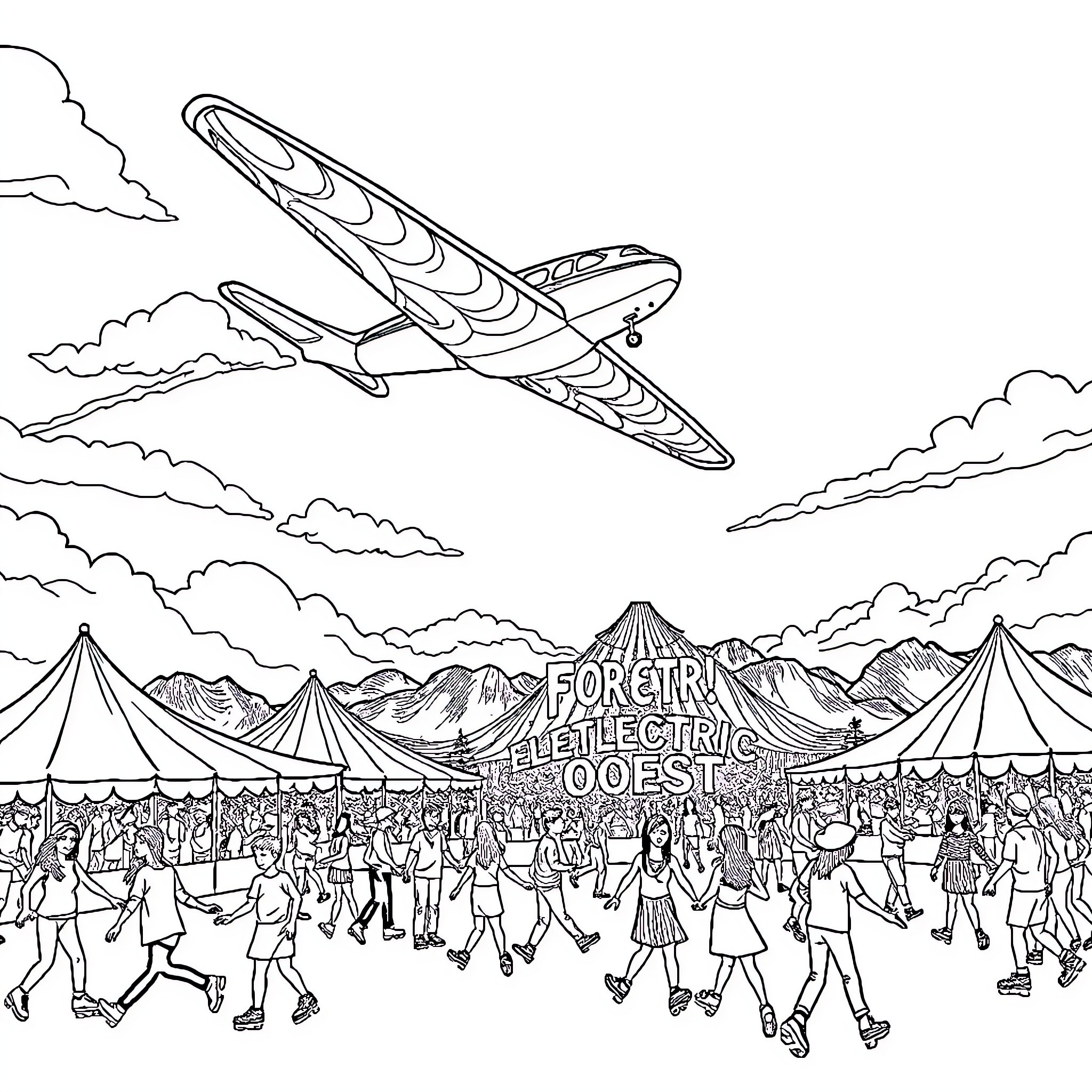 Plane soaring over crowded outdoor music festival Coloring Page (free black-and-white line drawing printable PDF for all, from beginners to advanced learners, including children, teens, adults, and seniors)