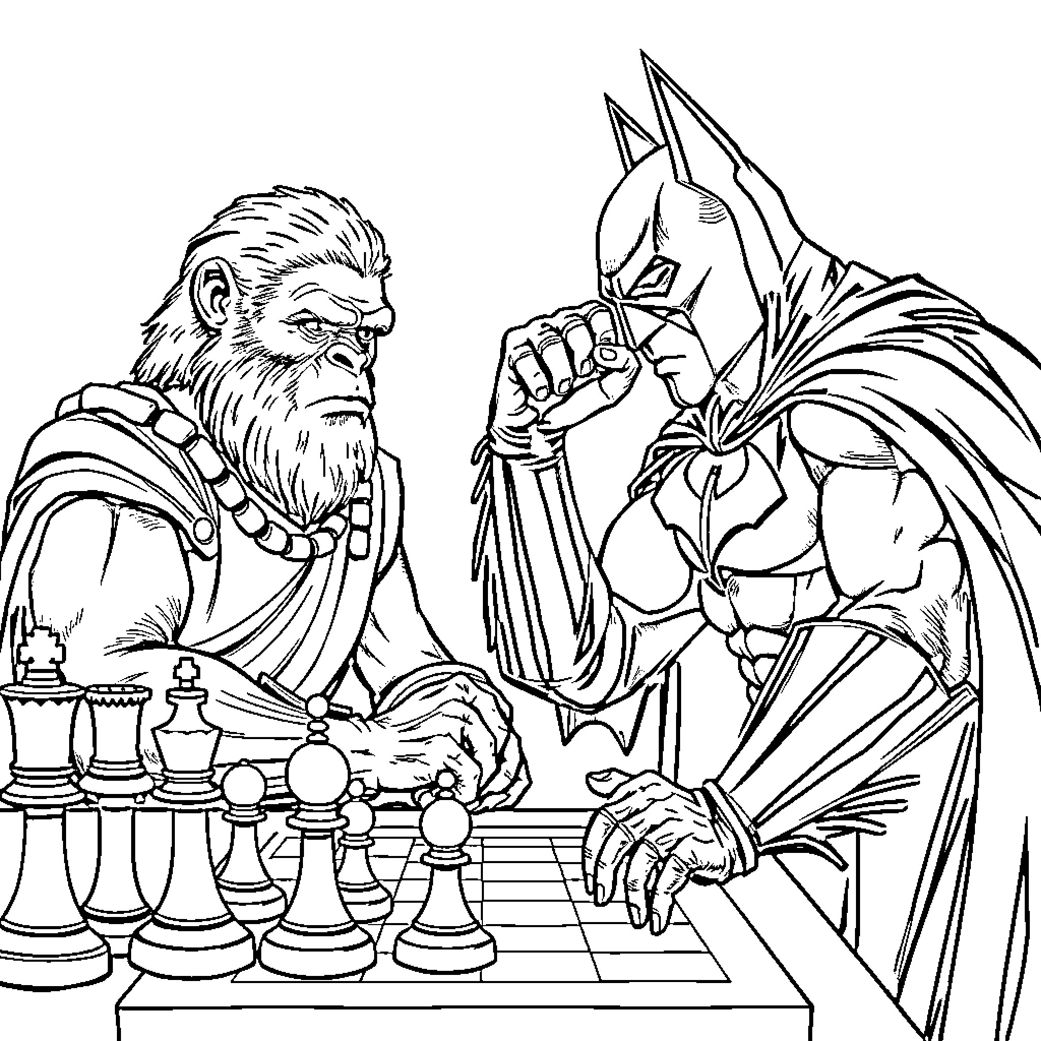Caesar and Batman Playing Chess Coloring Page (free black-and-white line drawing printable PDF for all, from beginners to advanced learners, including children, teens, adults, and seniors)