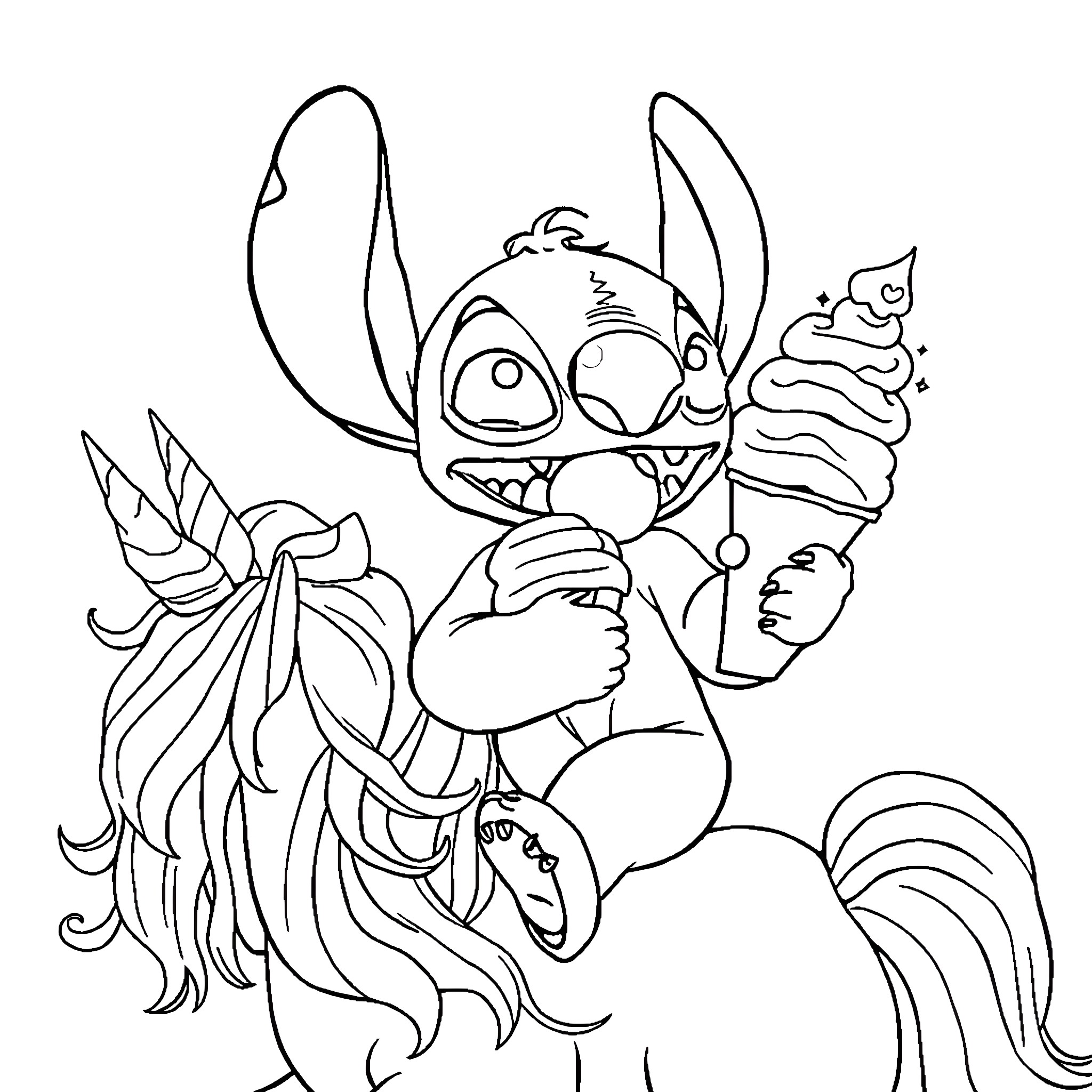 Stitch enjoying a delicious treat with his friends Coloring Page (free black-and-white line drawing printable PDF for all, from beginners to advanced learners, including children, teens, adults, and seniors)