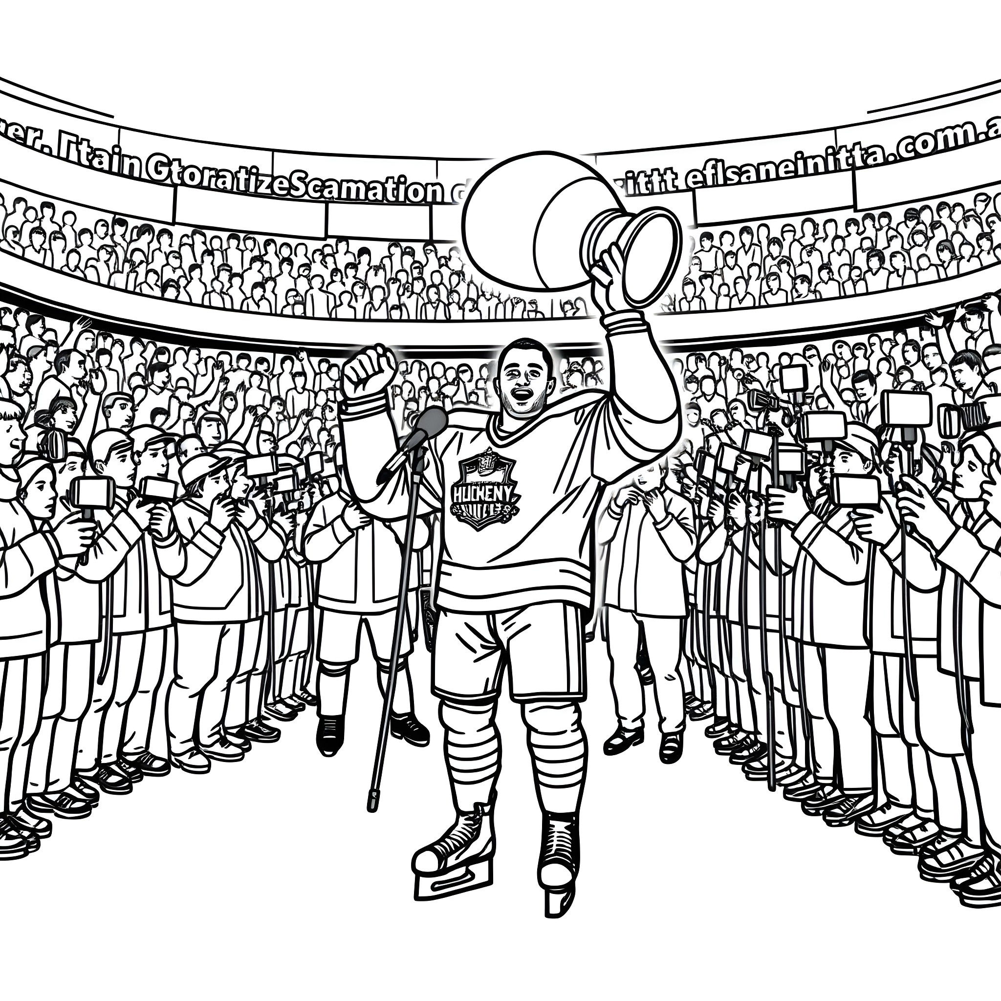 Hockey Player Celebrating Victory with Enthusiastic Fans Coloring Page (free black-and-white line drawing printable PDF for all, from beginners to advanced learners, including children, teens, adults, and seniors)