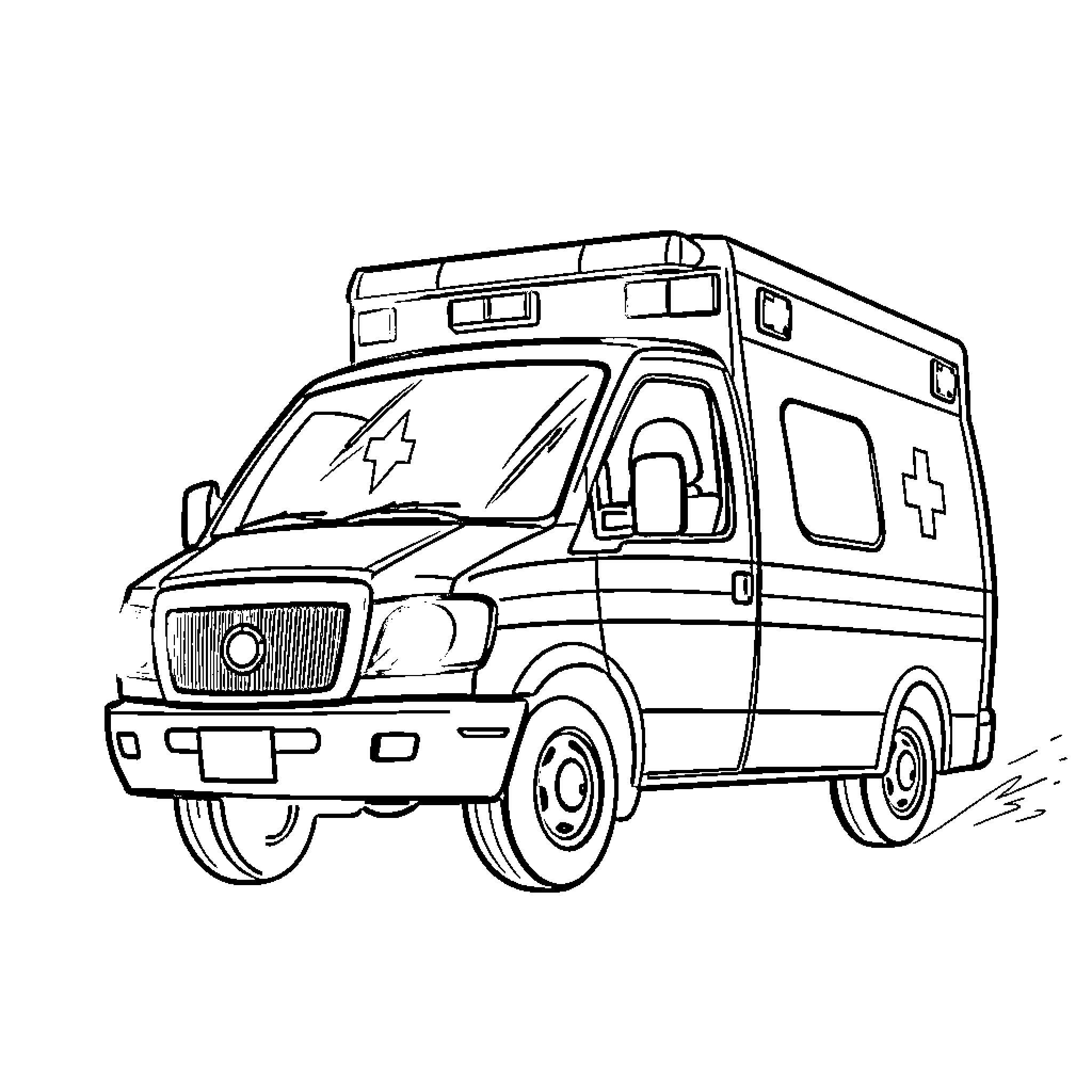 Ambulance rushing to aid emergency situation Coloring Page (free black-and-white line drawing printable PDF for all, from beginners to advanced learners, including children, teens, adults, and seniors)