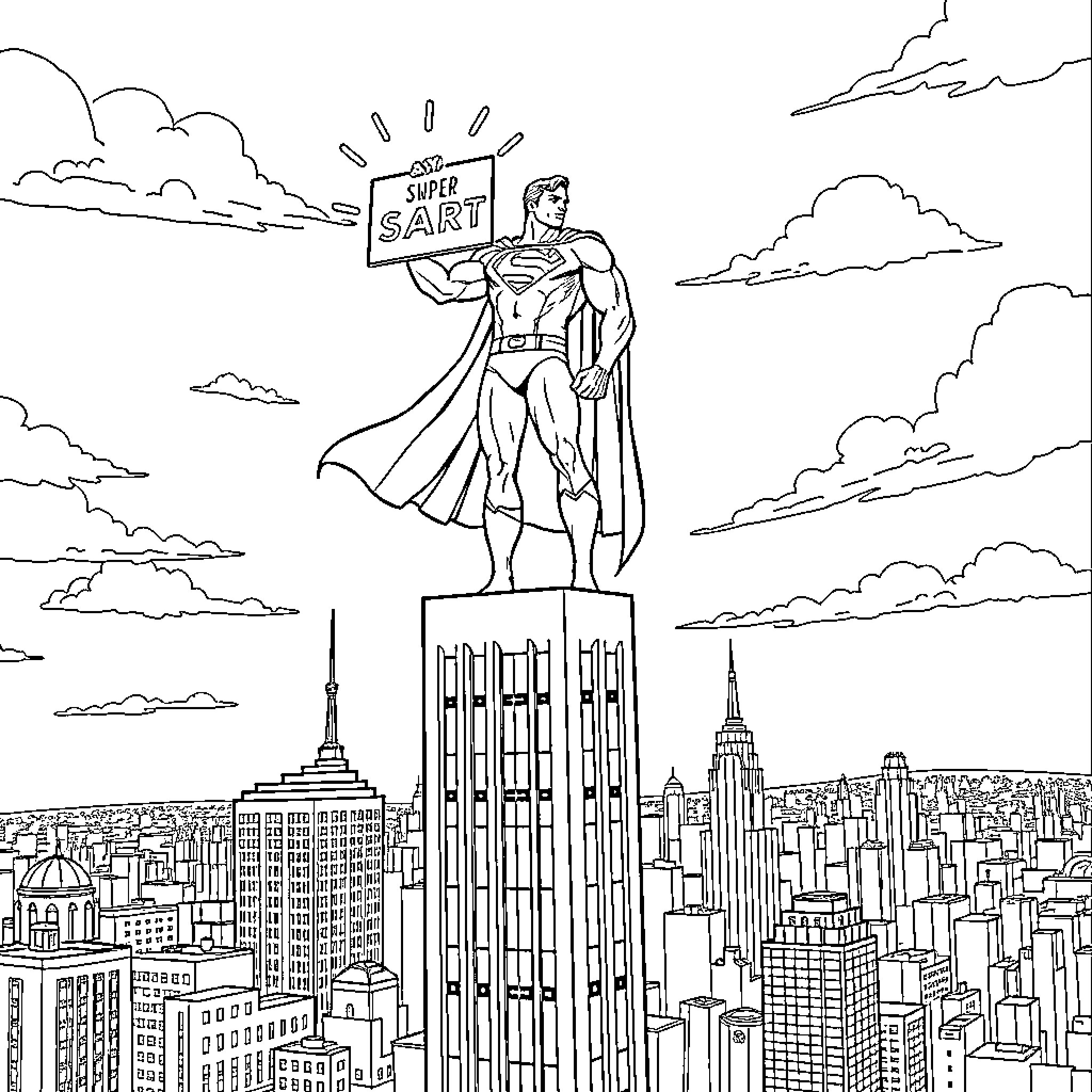 Superman standing tall over the city skyline Coloring Page (free black-and-white line drawing printable PDF for all, from beginners to advanced learners, including children, teens, adults, and seniors)
