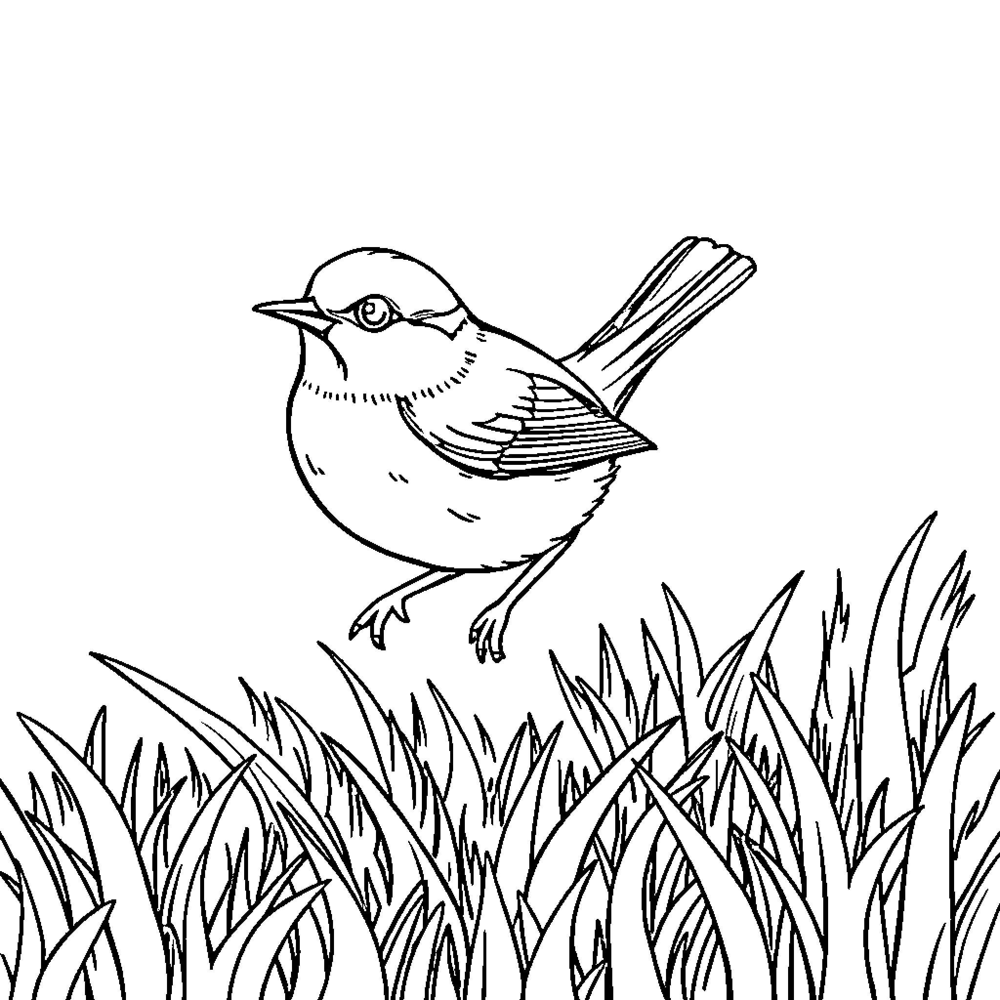 Bird perched amidst lush grassy foliage Coloring Page (free black-and-white line drawing printable PDF for all, from beginners to advanced learners, including children, teens, adults, and seniors)
