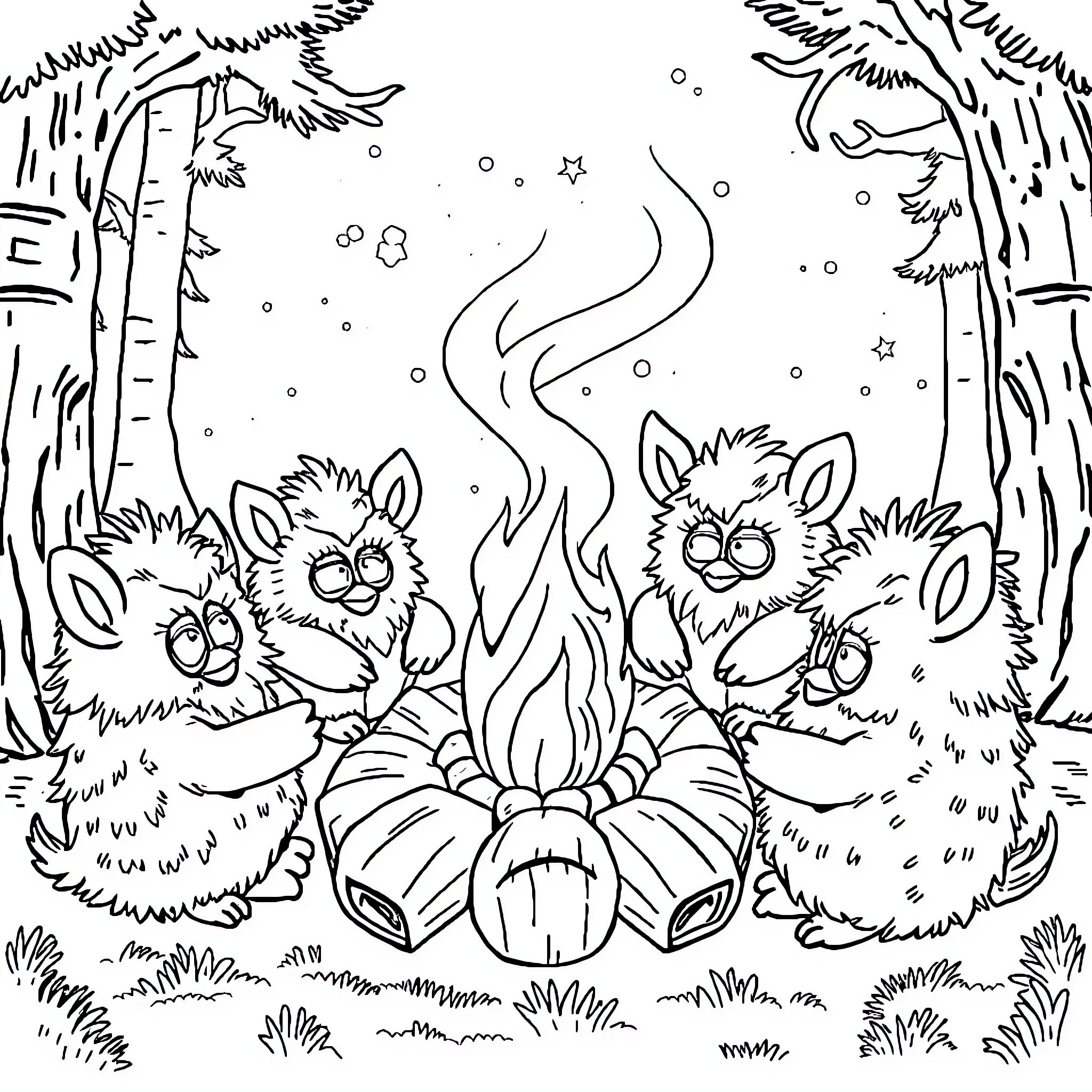 Furby friends having a campfire adventure Coloring Page (free black-and-white line drawing printable PDF for all, from beginners to advanced learners, including children, teens, adults, and seniors)