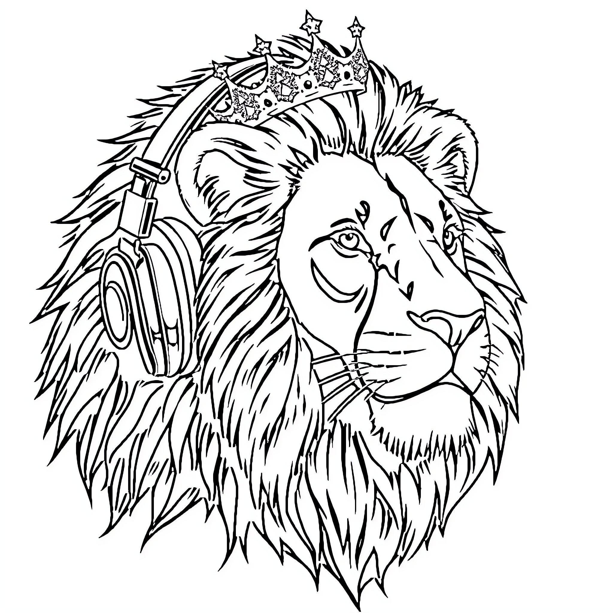 Lion wearing a crown and headphones Coloring Page (free black-and-white line drawing printable PDF for all, from beginners to advanced learners, including children, teens, adults, and seniors)