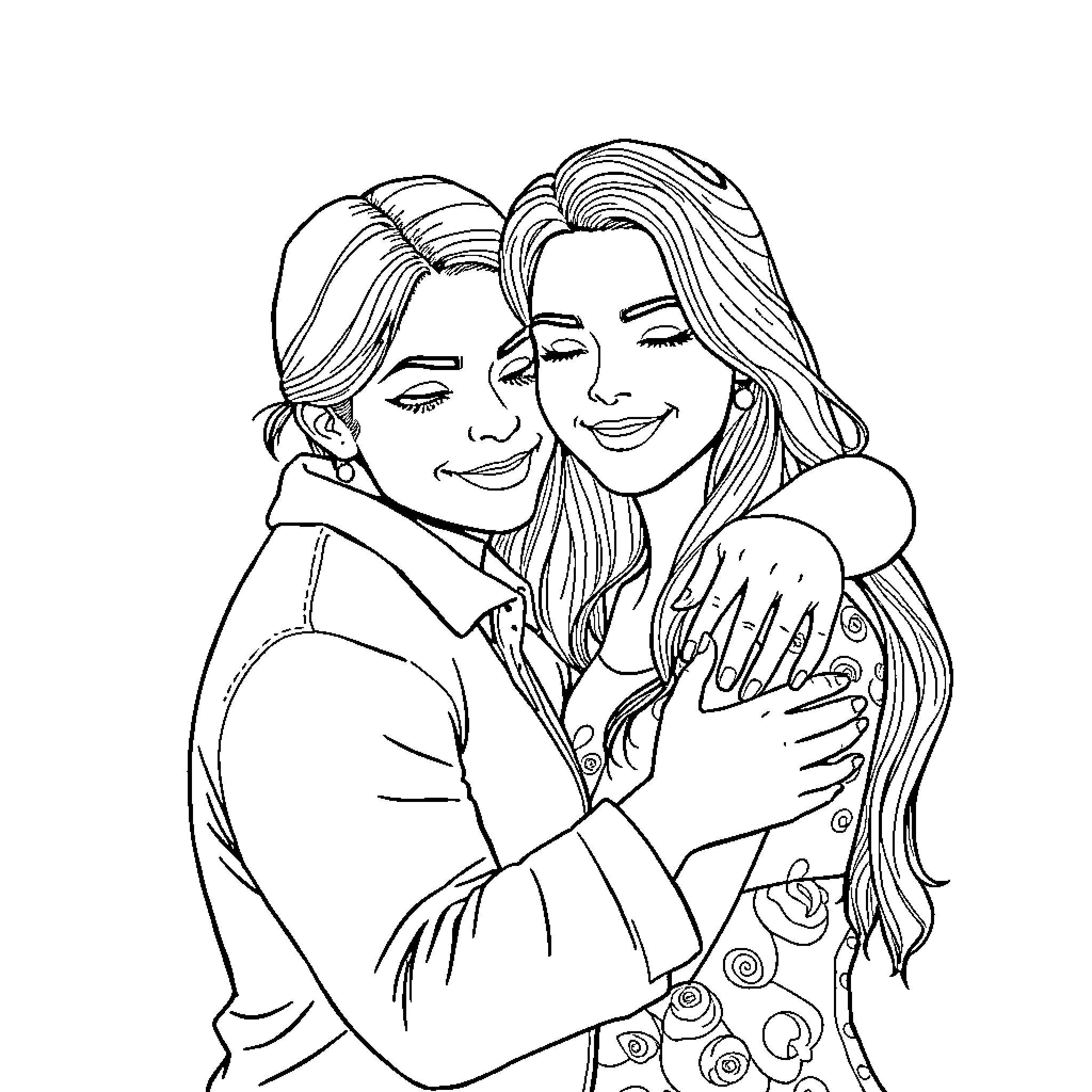 Woman embracing with affection and joy Coloring Page (free black-and-white line drawing printable PDF for all, from beginners to advanced learners, including children, teens, adults, and seniors)