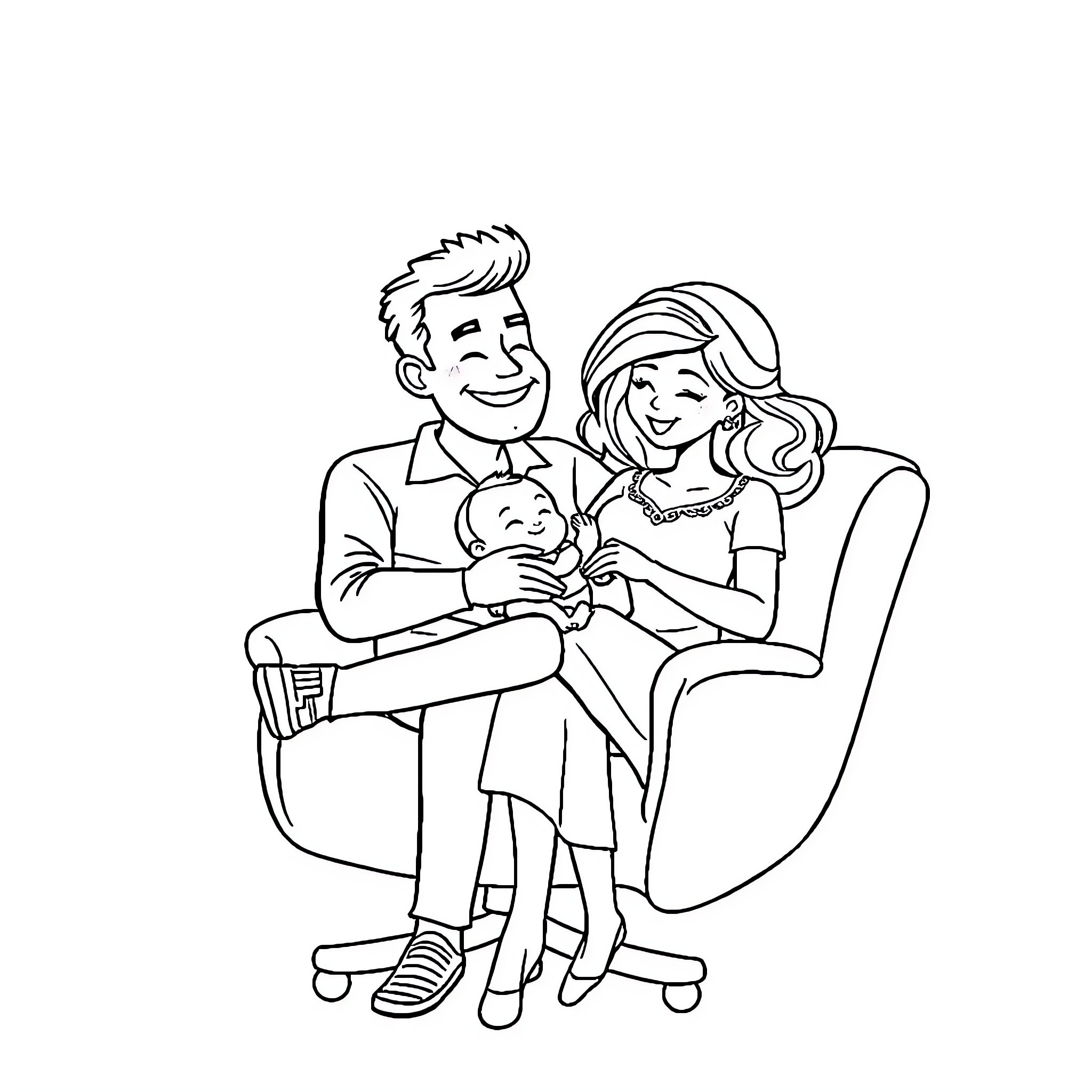 Family Celebrating Newborn Baby's Arrival Coloring Page (free black-and-white line drawing printable PDF for all, from beginners to advanced learners, including children, teens, adults, and seniors)