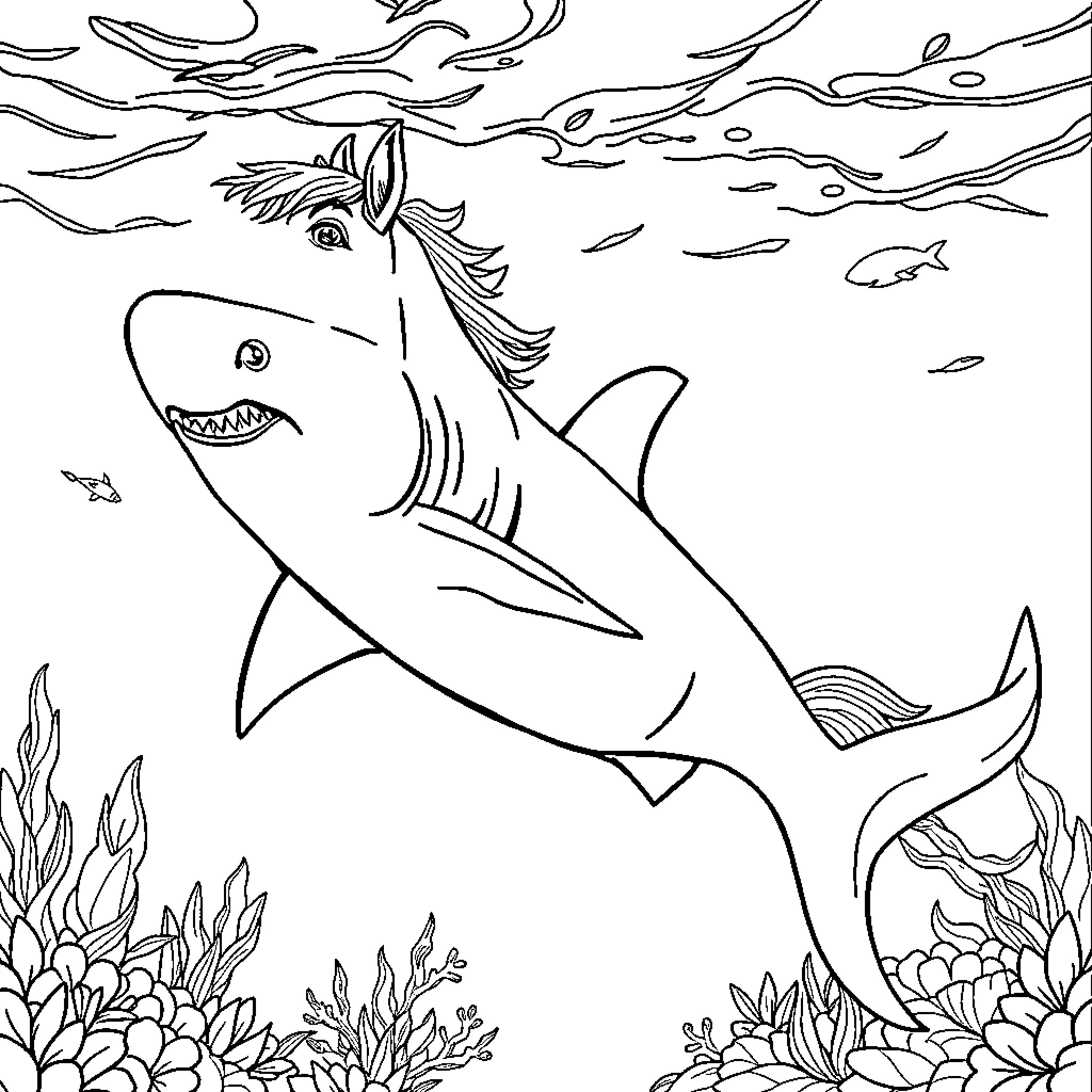 Shark hunting for prey in the ocean Coloring Page (free black-and-white line drawing printable PDF for all, from beginners to advanced learners, including children, teens, adults, and seniors)