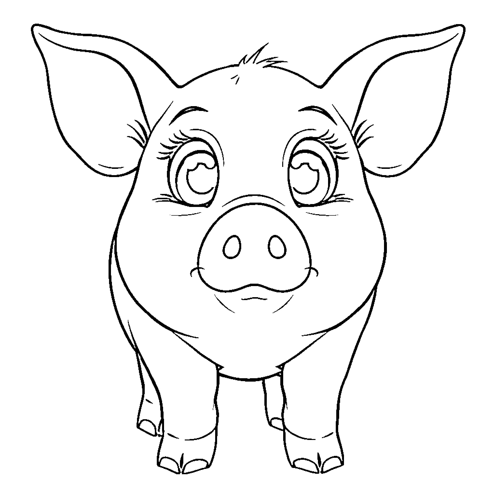 Pig with big eyes and cute expression Coloring Page (free black-and-white line drawing printable PDF for all, from beginners to advanced learners, including children, teens, adults, and seniors)