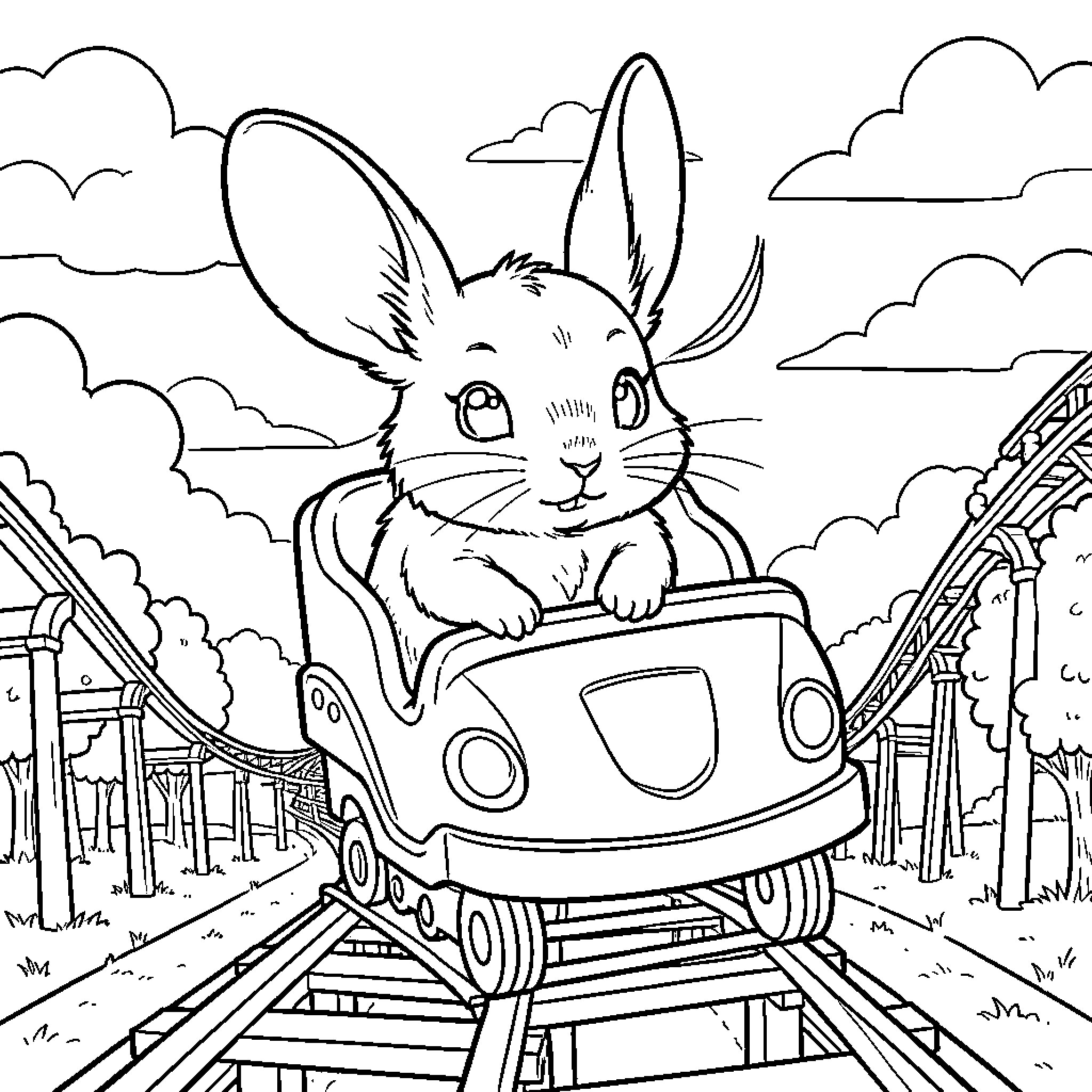 Chinchilla enjoying a ride on a rollercoaster Coloring Page (free black-and-white line drawing printable PDF for all, from beginners to advanced learners, including children, teens, adults, and seniors)