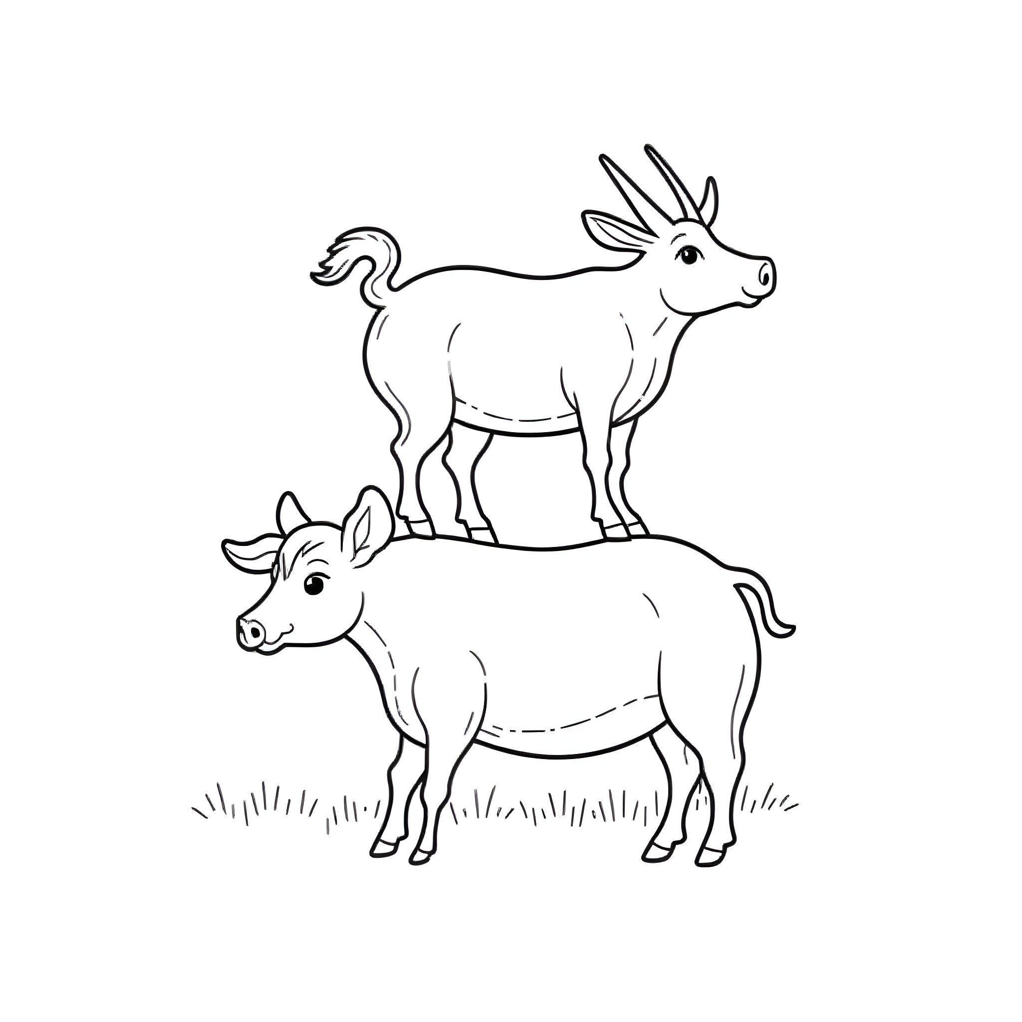 Goats standing on grassy hill Coloring Page (free black-and-white line drawing printable PDF for all, from beginners to advanced learners, including children, teens, adults, and seniors)