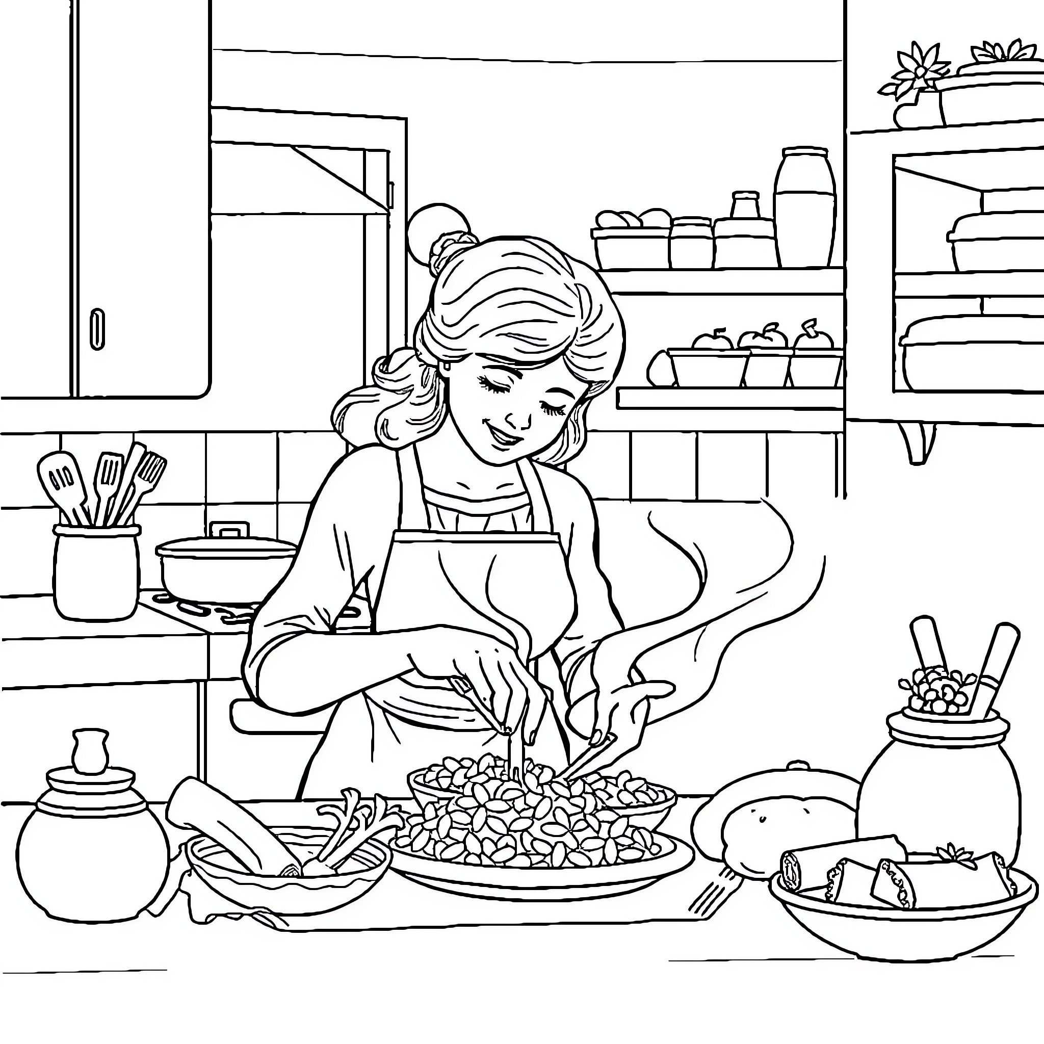 Mother preparing a hearty meal in the kitchen Coloring Page (free black-and-white line drawing printable PDF for all, from beginners to advanced learners, including children, teens, adults, and seniors)