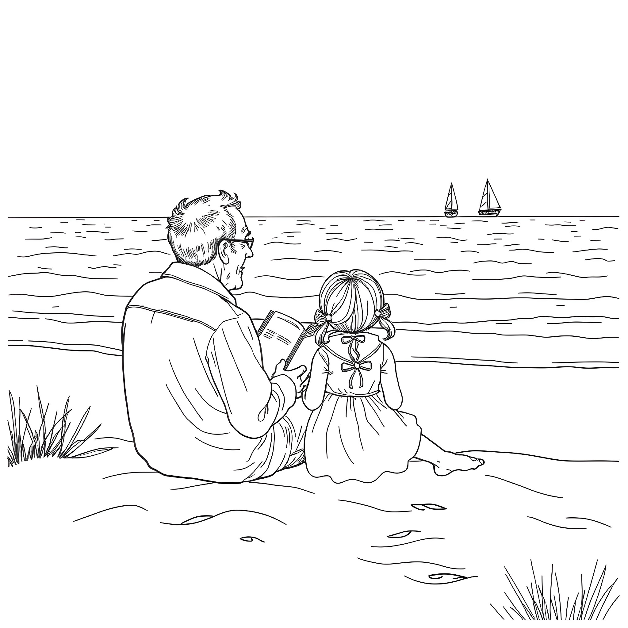 Beach scene of couple relaxing and enjoying the view Coloring Page (free black-and-white line drawing printable PDF for all, from beginners to advanced learners, including children, teens, adults, and seniors)