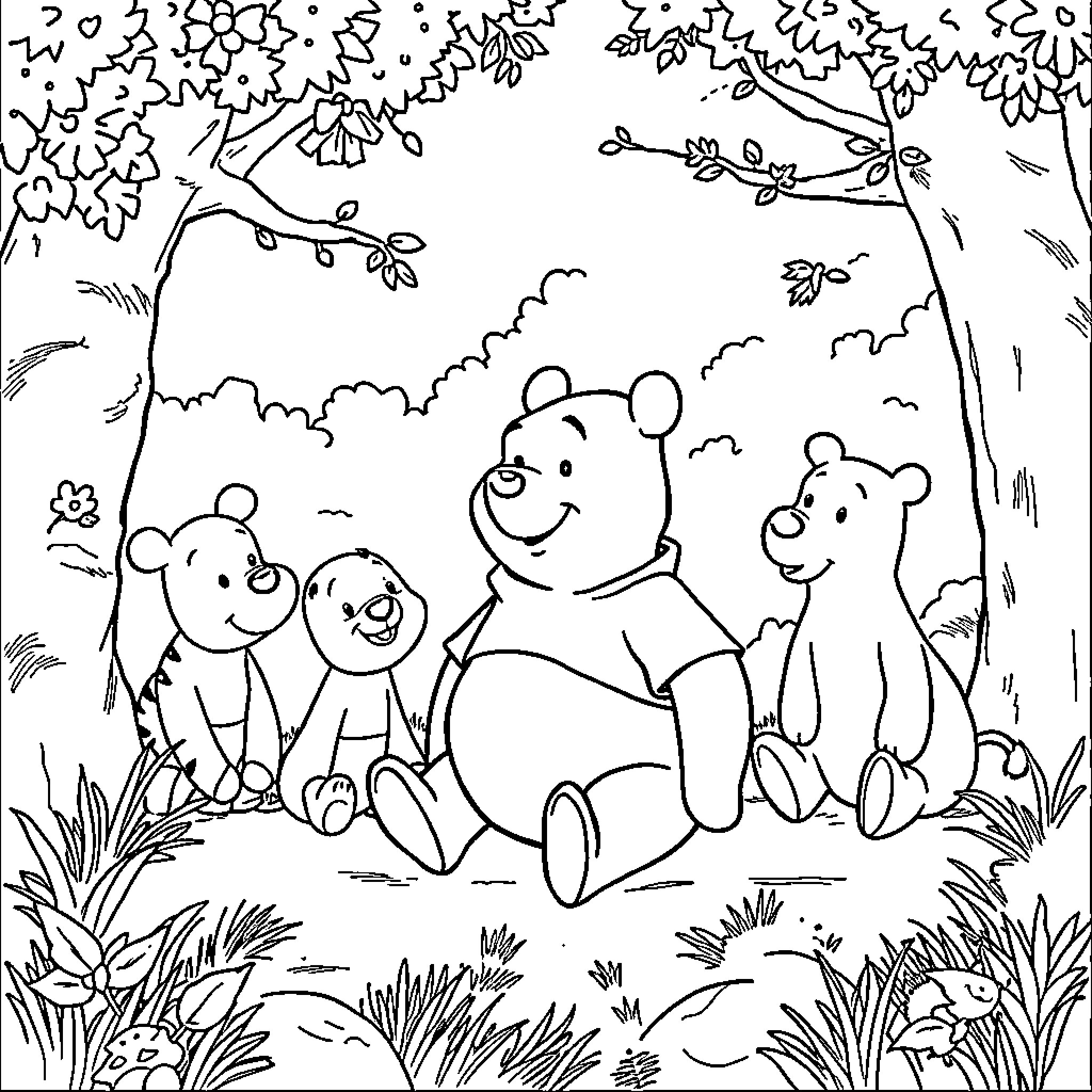 Winnie The Pooh and friends enjoying the outdoors Coloring Page (free black-and-white line drawing printable PDF for all, from beginners to advanced learners, including children, teens, adults, and seniors)