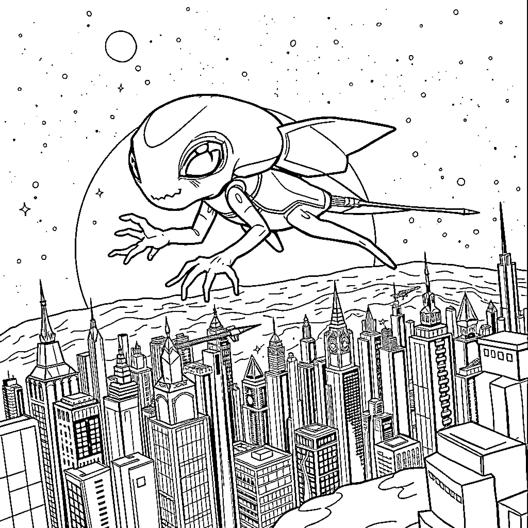 Alien flying over futuristic city skyline Coloring Page (free black-and-white line drawing printable PDF for all, from beginners to advanced learners, including children, teens, adults, and seniors)