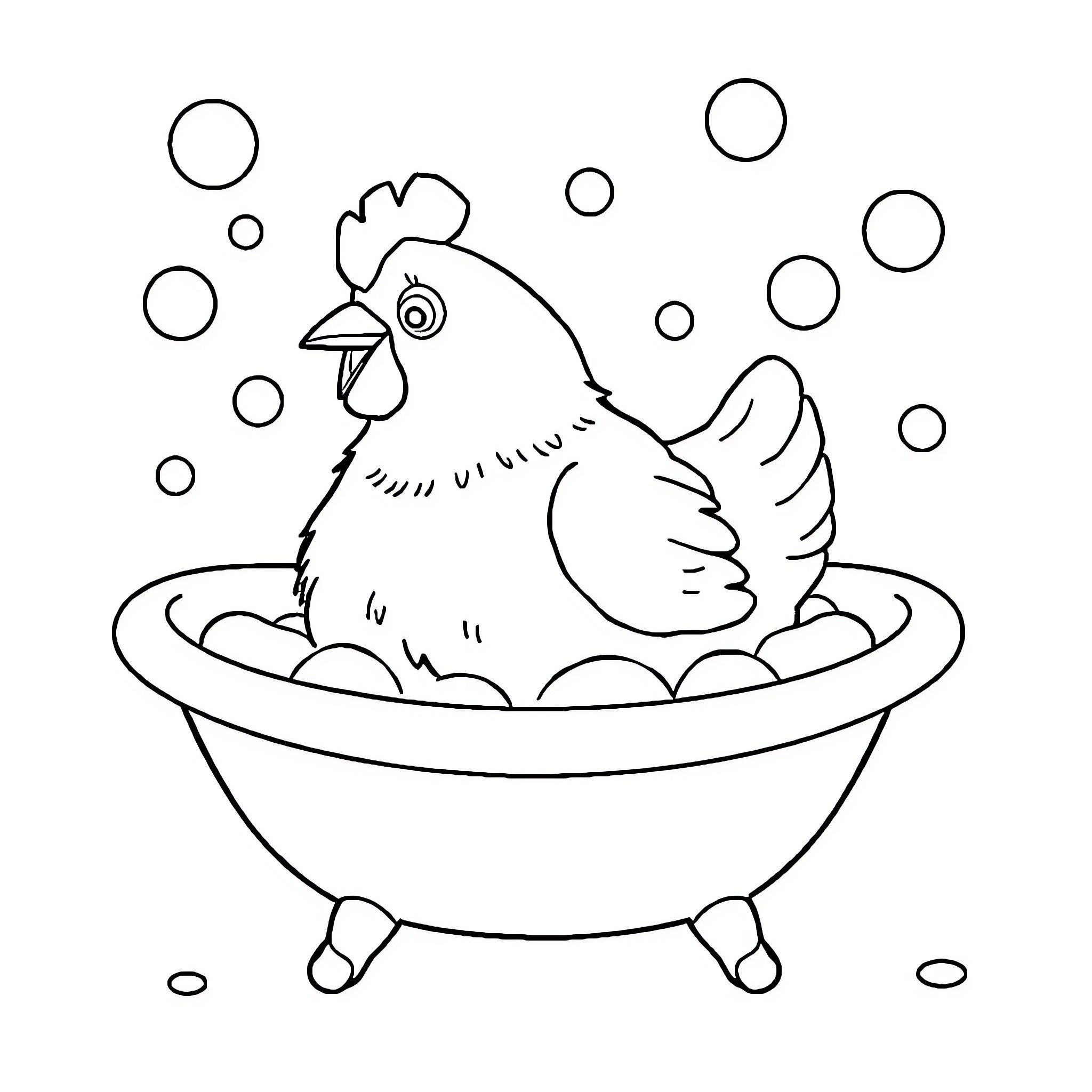 Chicken bathing merrily in the tub Coloring Page (free black-and-white line drawing printable PDF for all, from beginners to advanced learners, including children, teens, adults, and seniors)