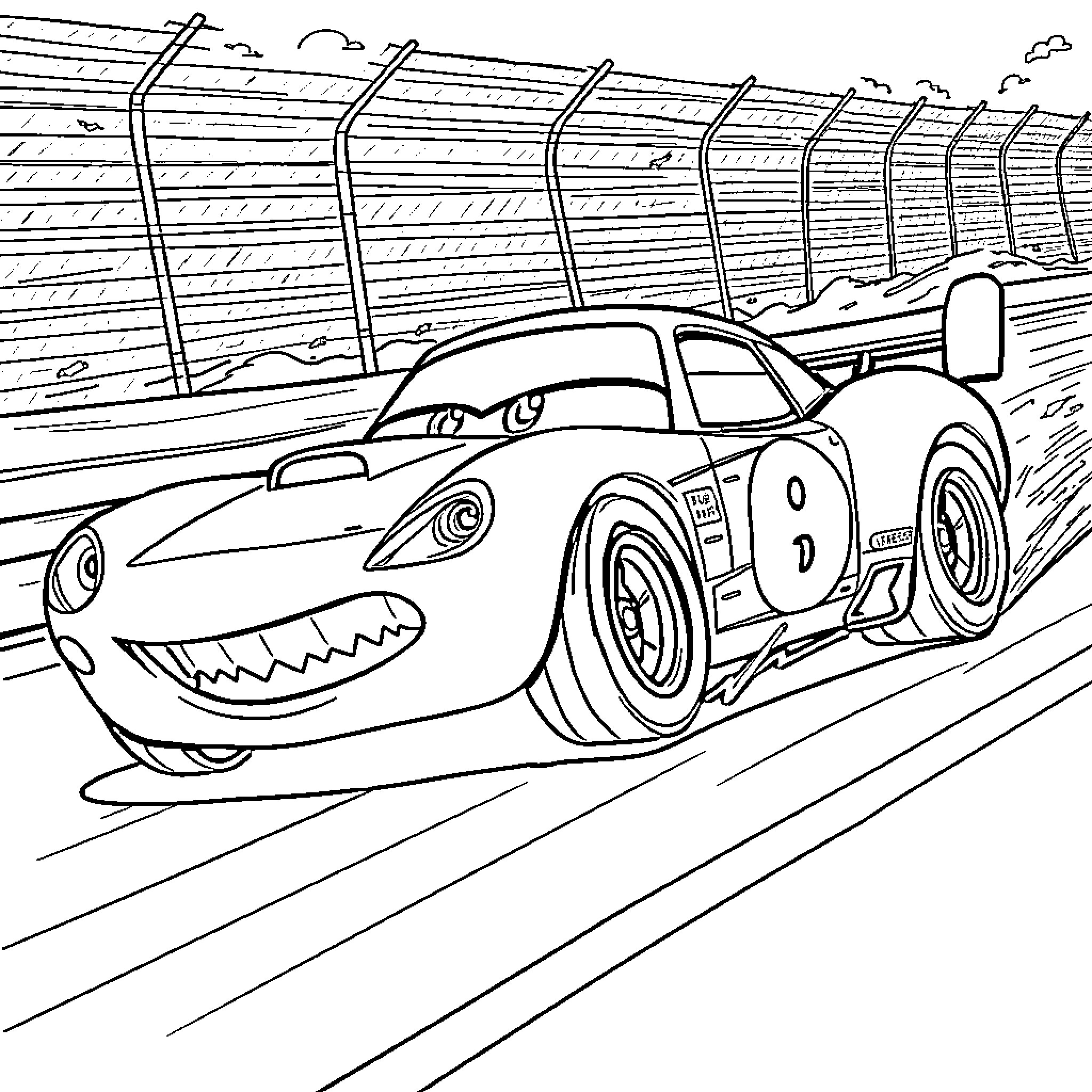 Chick Hicks Racing on the Racetrack Coloring Page (free black-and-white line drawing printable PDF for all, from beginners to advanced learners, including children, teens, adults, and seniors)
