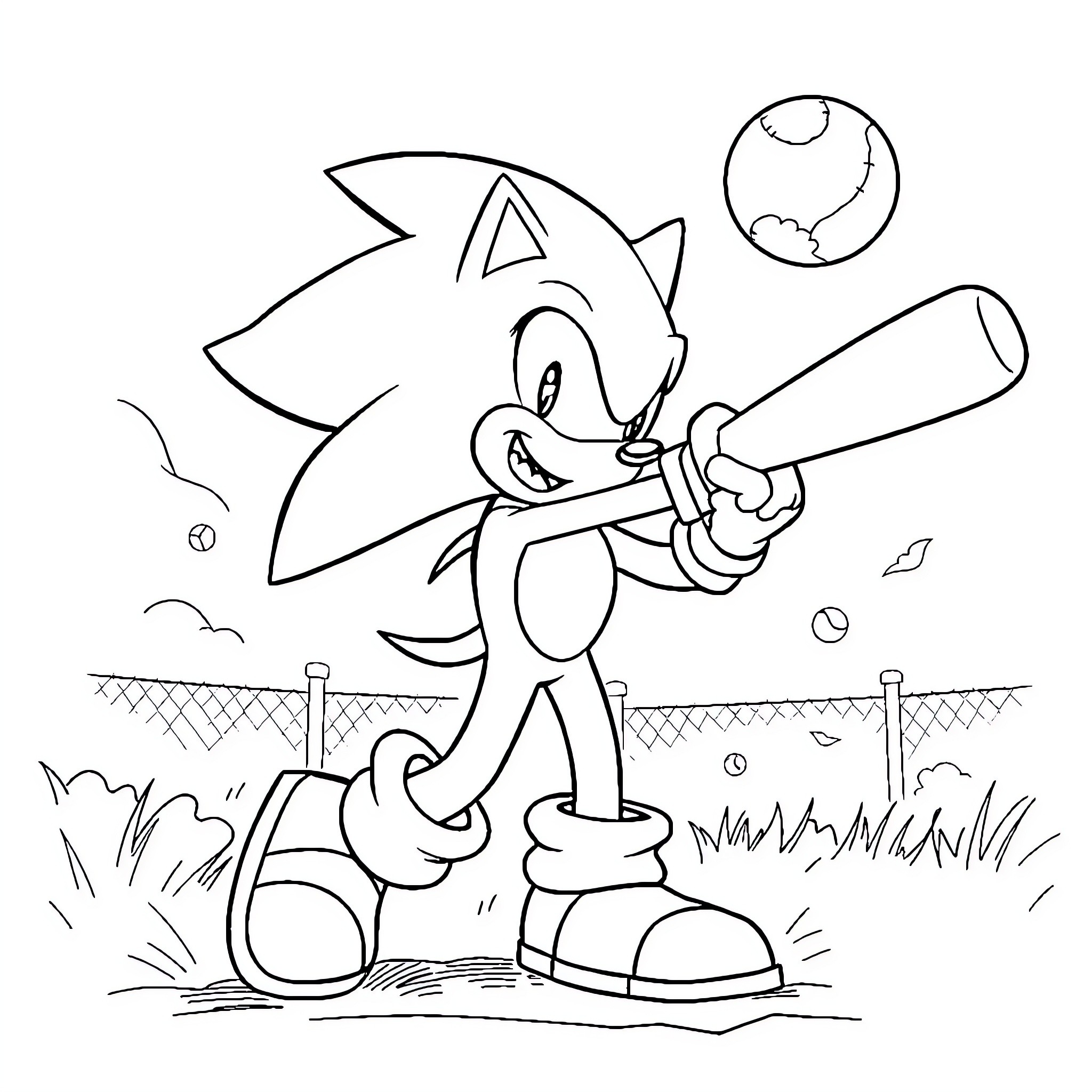 Sonic running excitedly with baseball bat Coloring Page (free black-and-white line drawing printable PDF for all, from beginners to advanced learners, including children, teens, adults, and seniors)