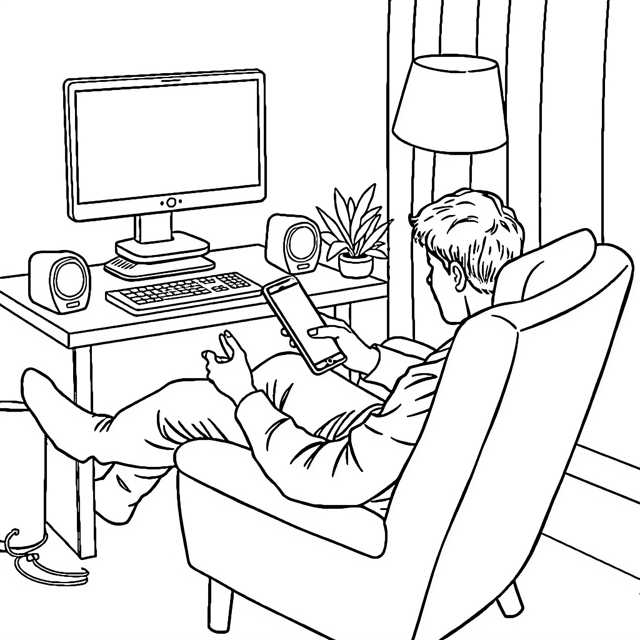 Person working on computer and relaxing in chair Coloring Page (free black-and-white line drawing printable PDF for all, from beginners to advanced learners, including children, teens, adults, and seniors)