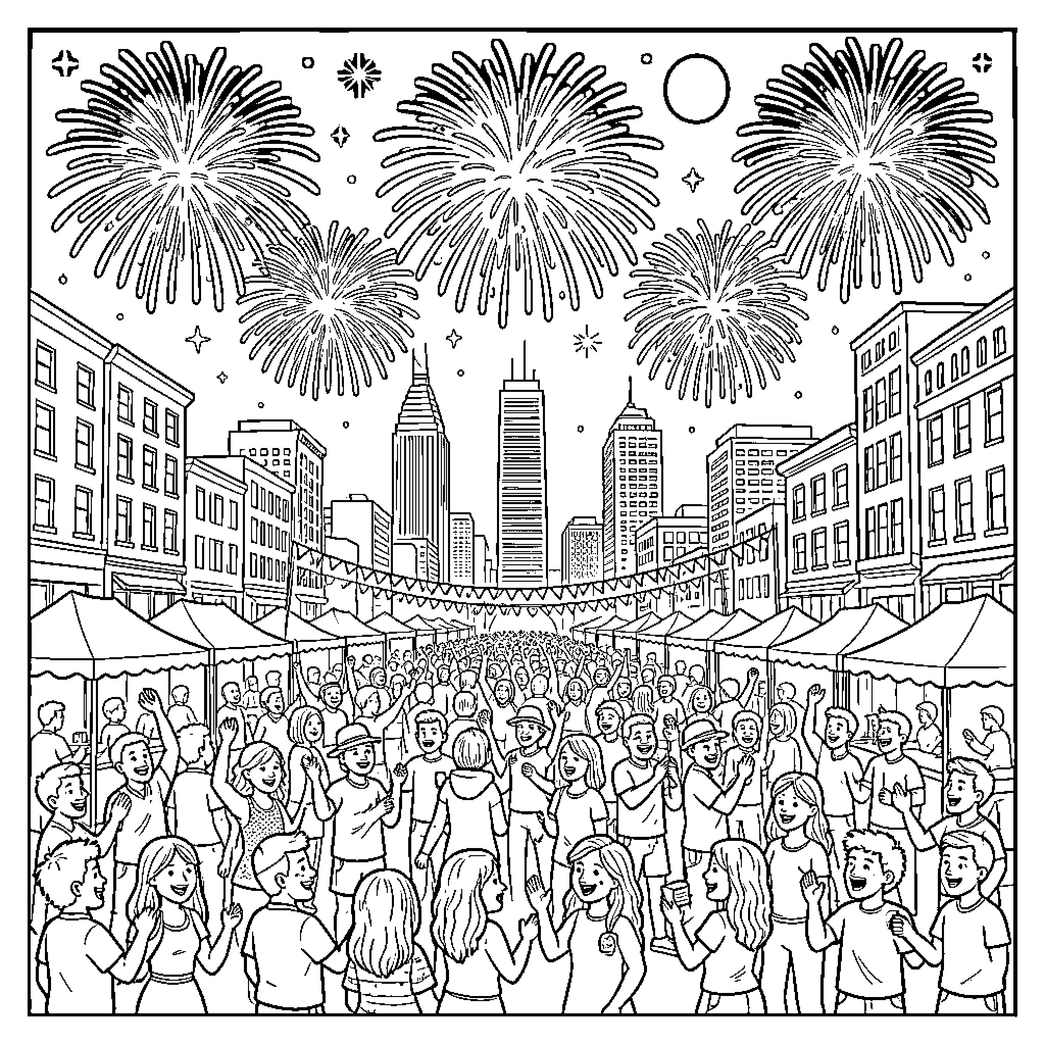 Festival of Fireworks and Festive Celebrations Coloring Page (free black-and-white line drawing printable PDF for all, from beginners to advanced learners, including children, teens, adults, and seniors)