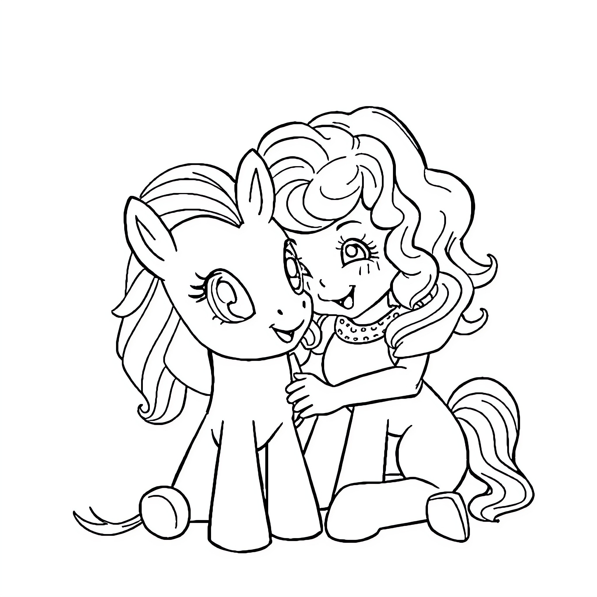 Pony with Curly Mane Sitting Happily Coloring Page (free black-and-white line drawing printable PDF for all, from beginners to advanced learners, including children, teens, adults, and seniors)