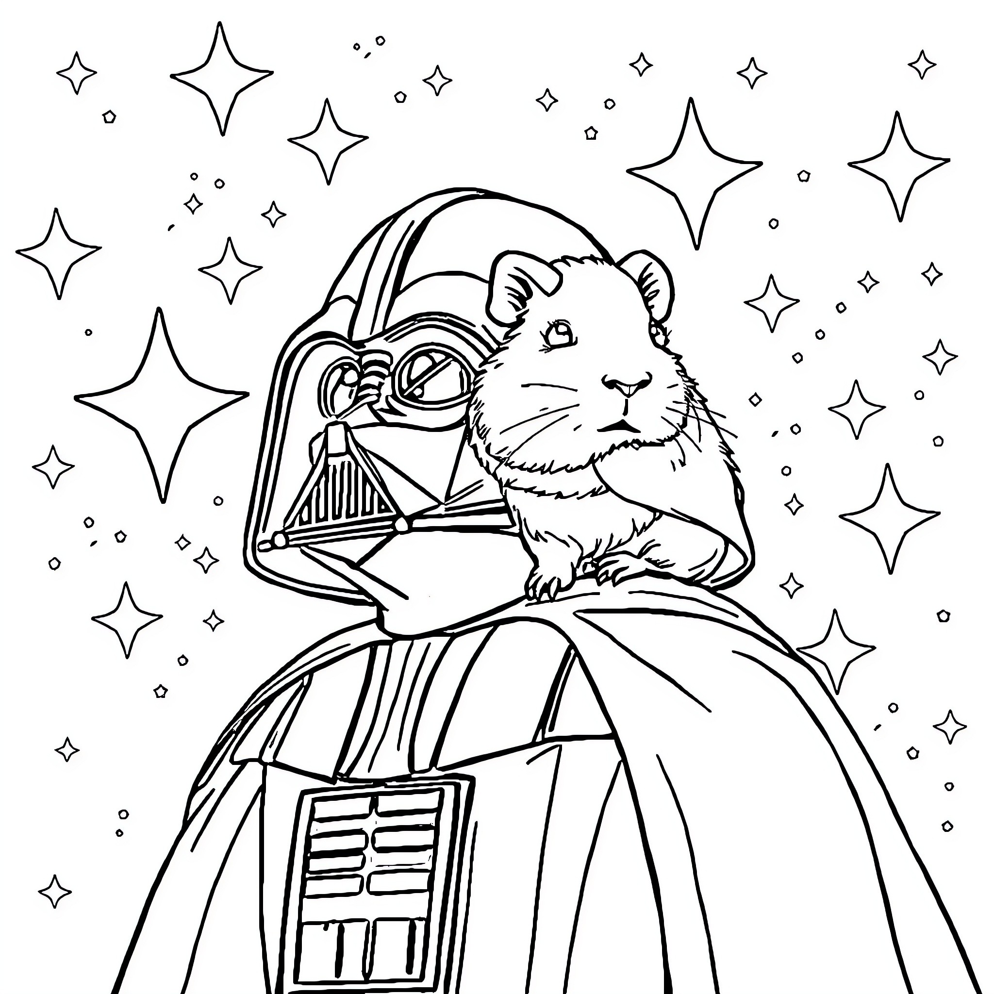 Guinea Pig Dressed as Darth Vader Surrounded by Stars Coloring Page (free black-and-white line drawing printable PDF for all, from beginners to advanced learners, including children, teens, adults, and seniors)