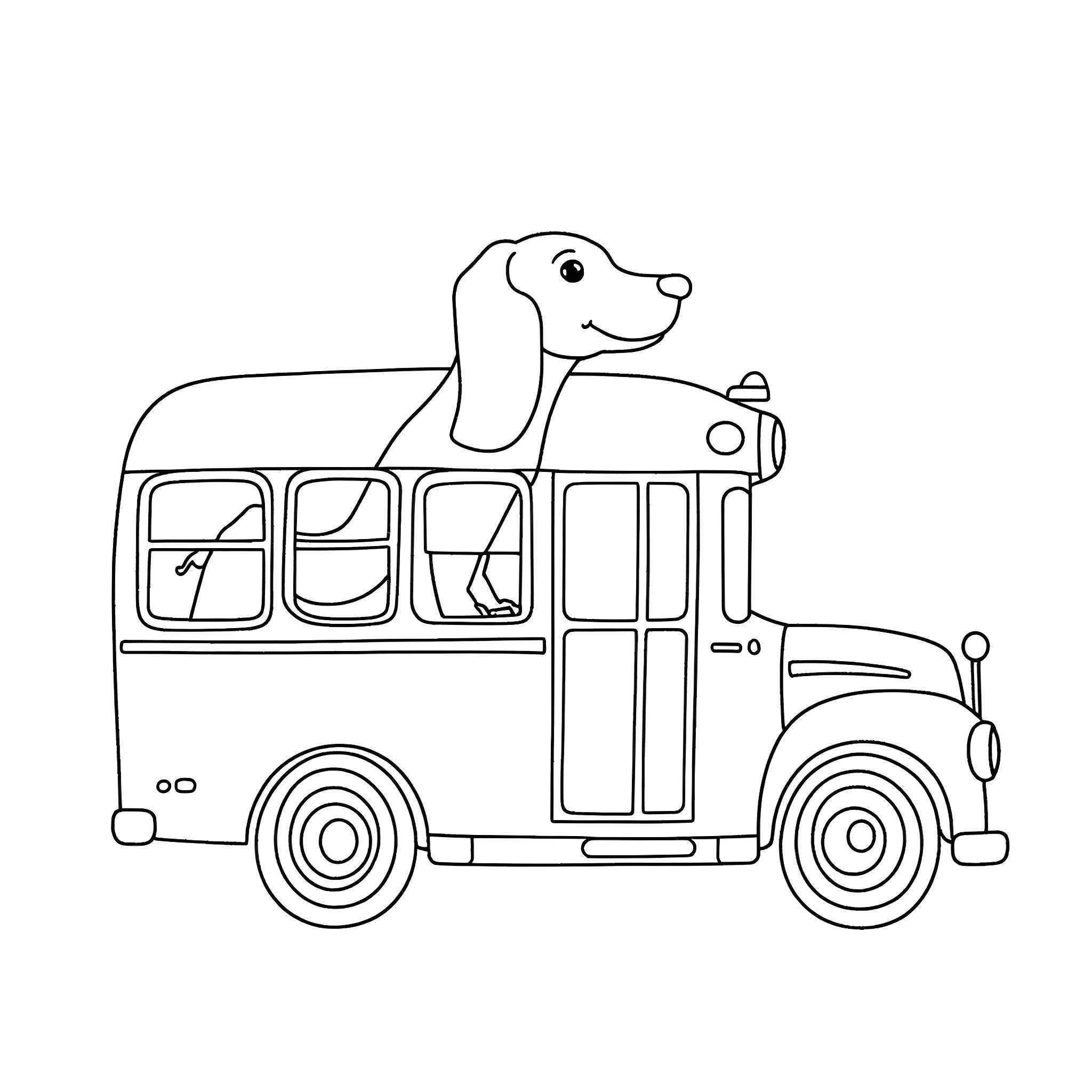 Dachshund riding a school bus Coloring Page (free black-and-white line drawing printable PDF for all, from beginners to advanced learners, including children, teens, adults, and seniors)