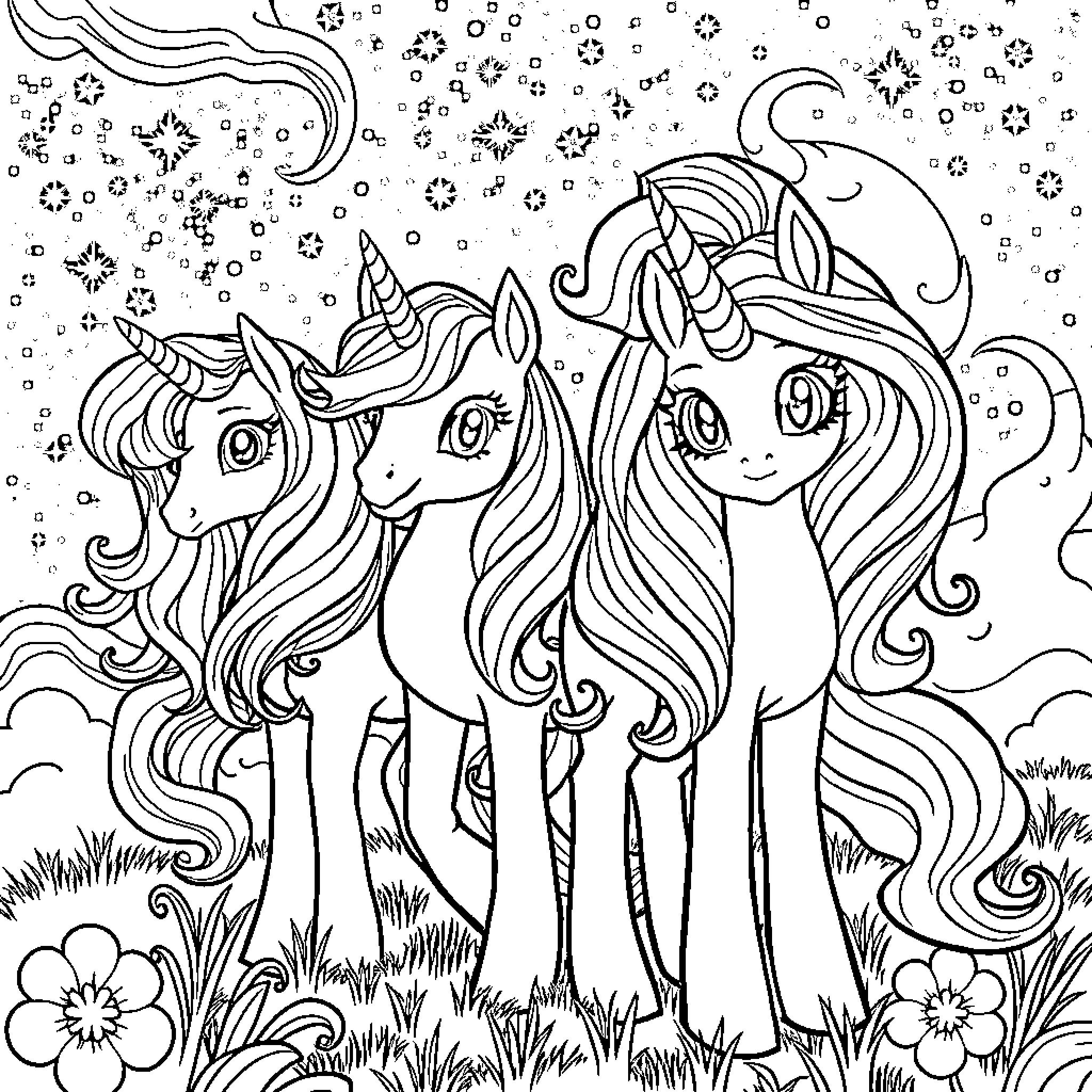 My Little Pony Trio Dancing in Snowy Meadow Coloring Page (free black-and-white line drawing printable PDF for all, from beginners to advanced learners, including children, teens, adults, and seniors)