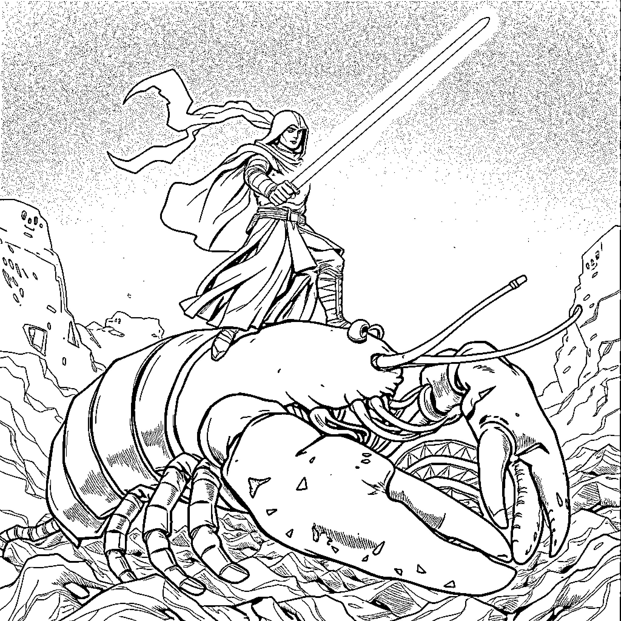 Jedi Knight Battling a Fearsome Creature Coloring Page (free black-and-white line drawing printable PDF for all, from beginners to advanced learners, including children, teens, adults, and seniors)