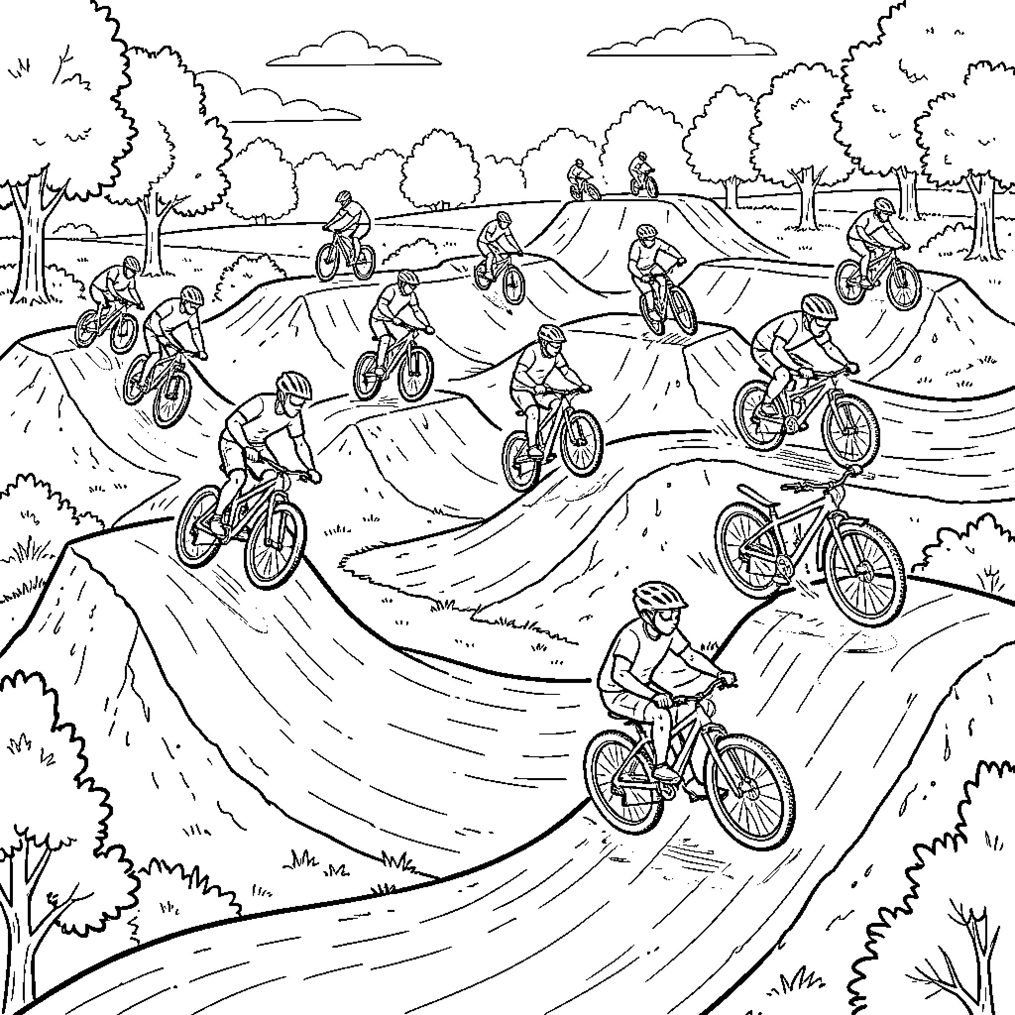 Biker group racing through an outdoor bike park Coloring Page (free black-and-white line drawing printable PDF for all, from beginners to advanced learners, including children, teens, adults, and seniors)