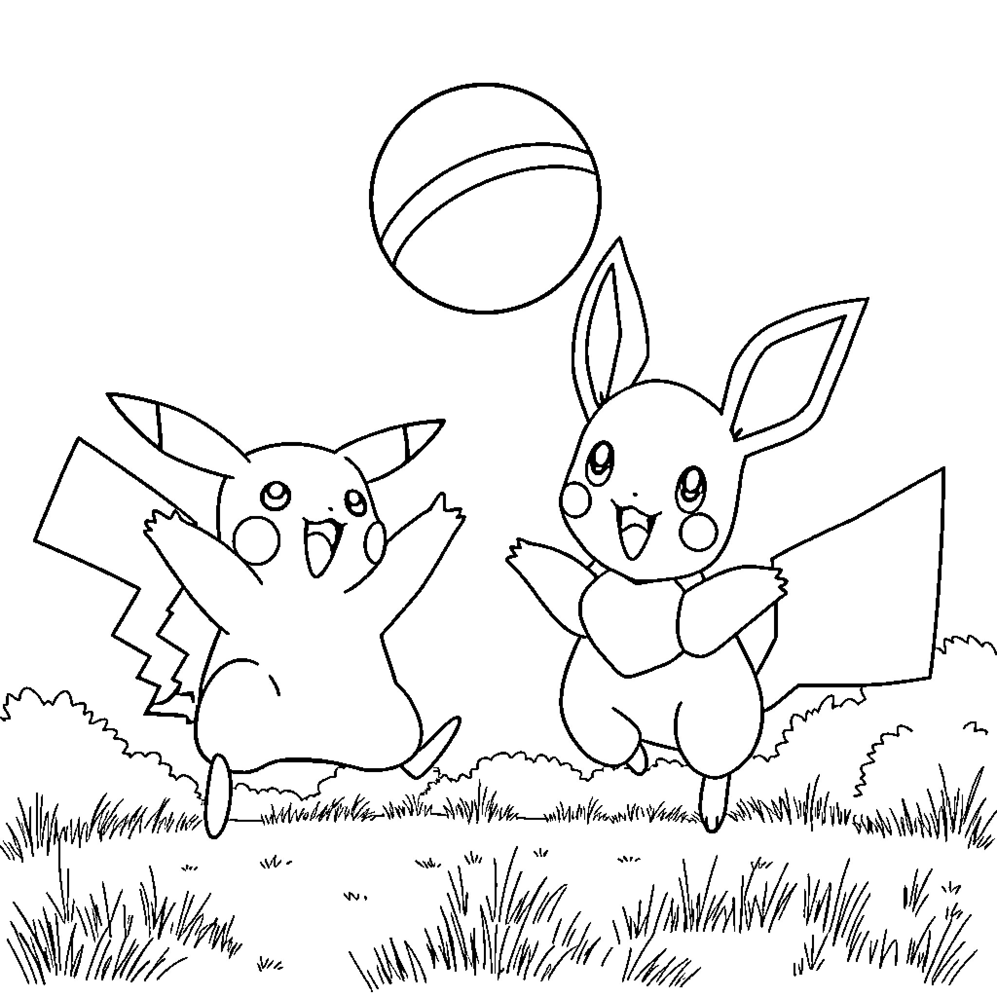 Pikachu and Eevee playing together in the field Coloring Page (free black-and-white line drawing printable PDF for all, from beginners to advanced learners, including children, teens, adults, and seniors)