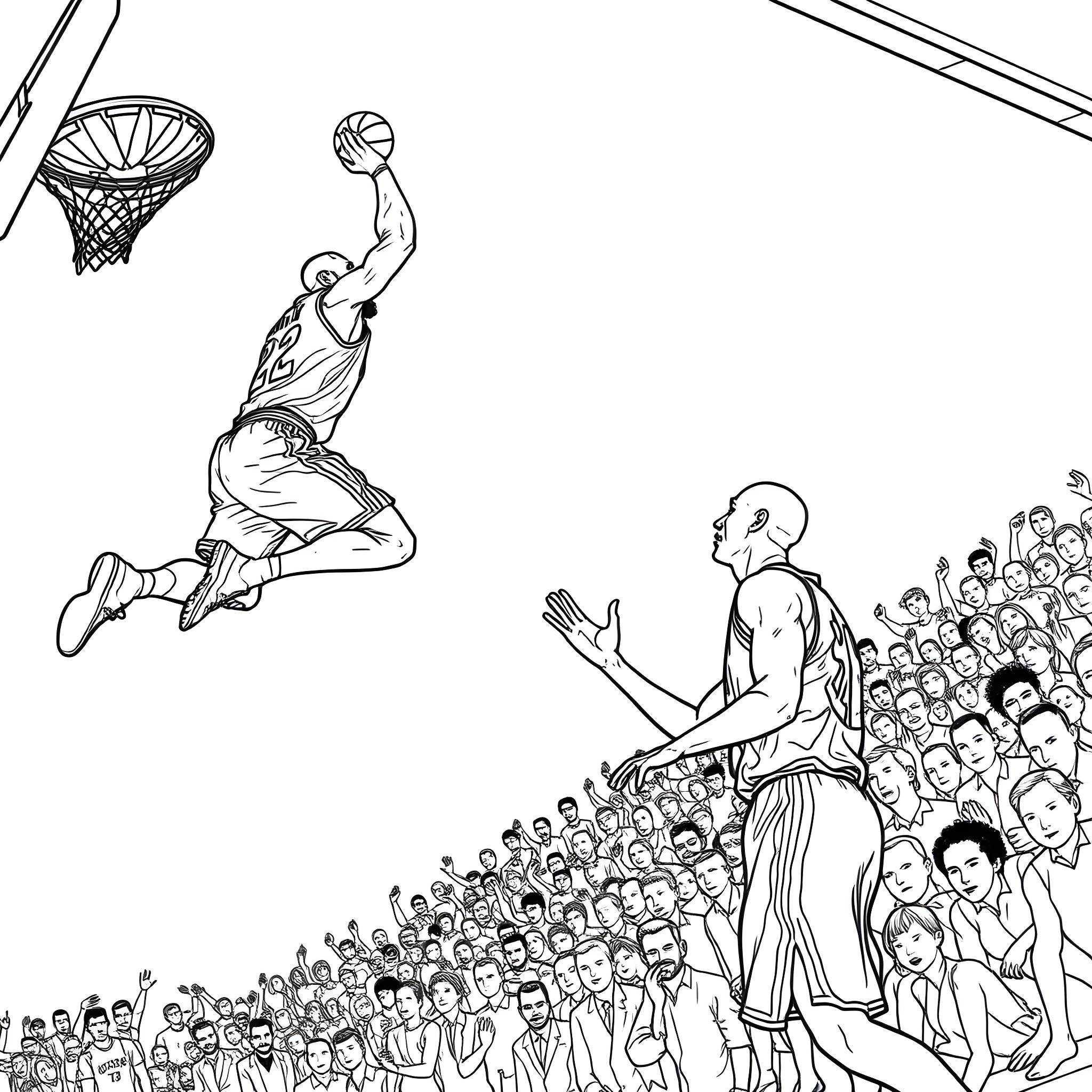 LeBron in mid-air dunk with crowd cheering Coloring Page (free black-and-white line drawing printable PDF for all, from beginners to advanced learners, including children, teens, adults, and seniors)